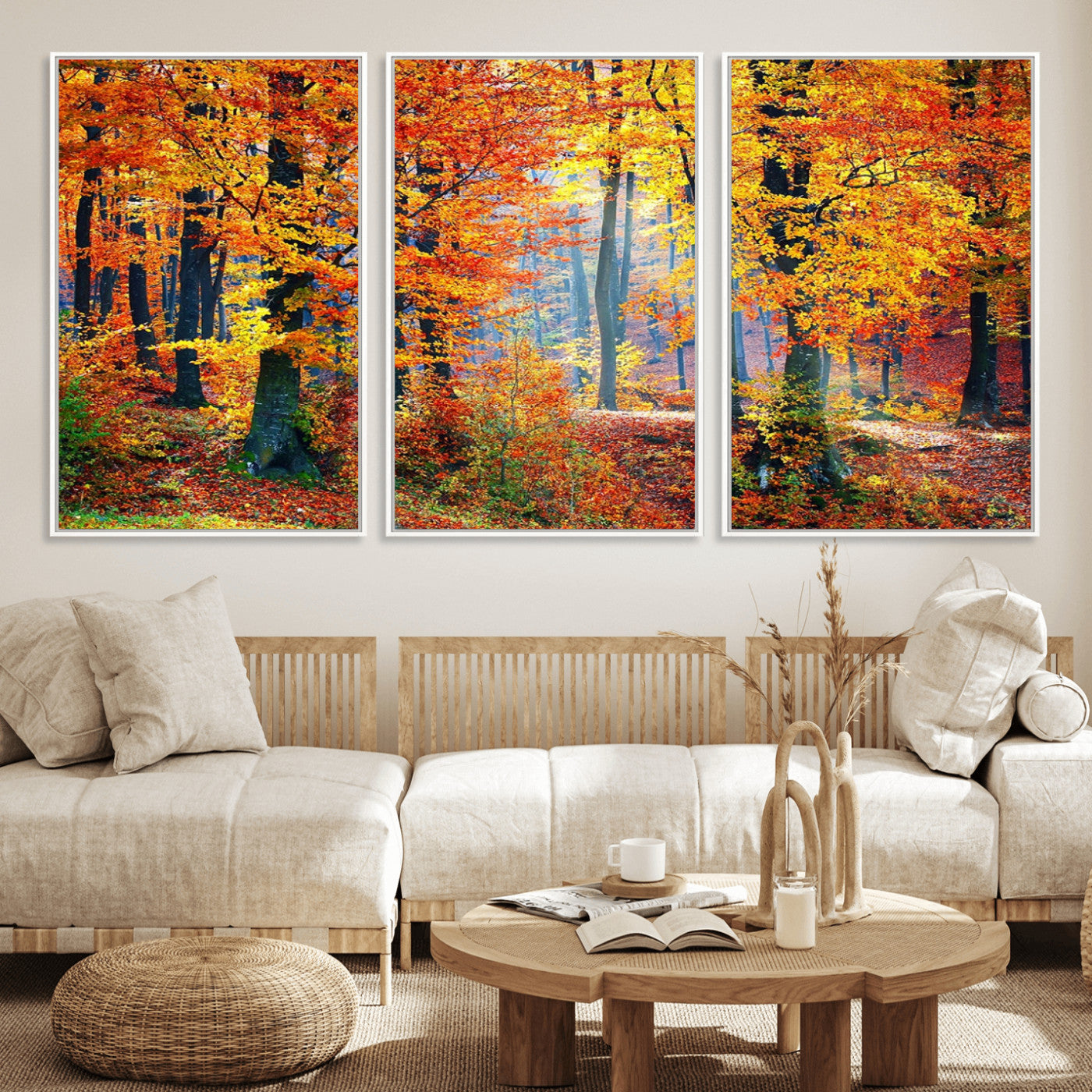 MGV-FC-60X30-3P - Autumn Red Forest Triptych Canvas Wall Art Print, Forest Wall Decor, Fall Landscape Art | Season Nature Landscape for Home or Office