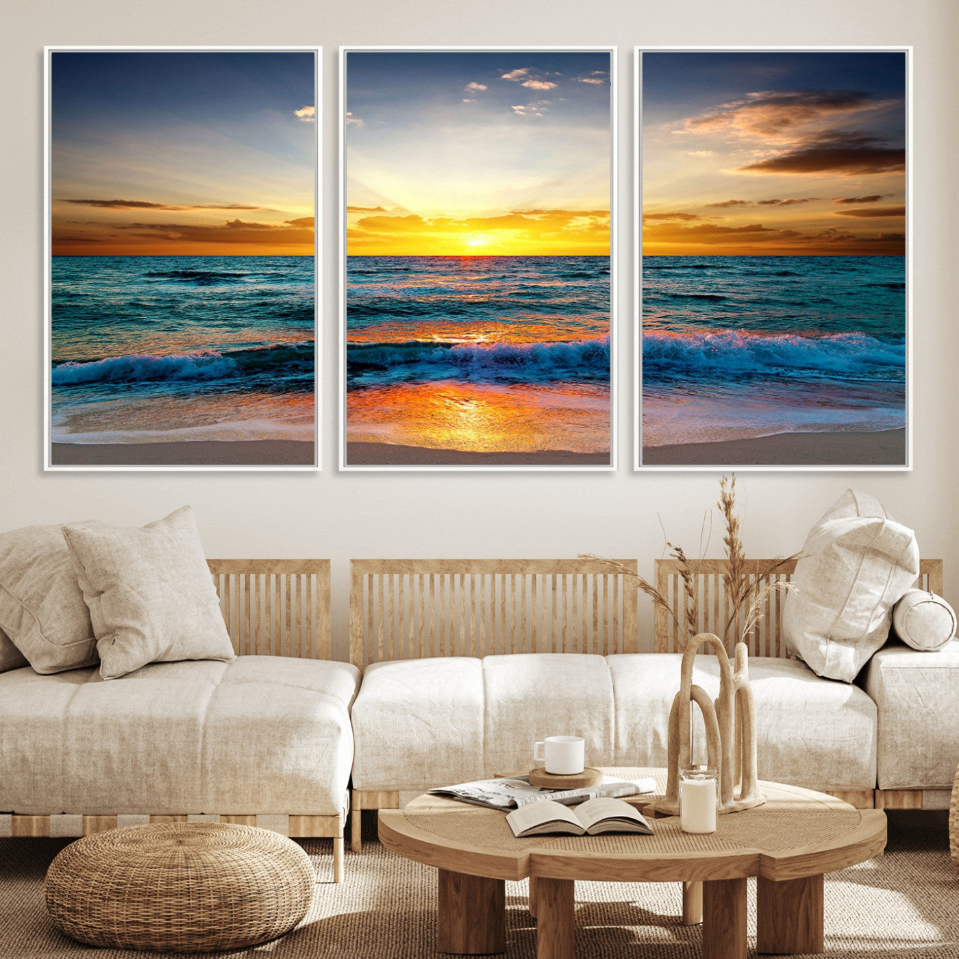 MGV-FC-60X30-3P - Vibrant Ocean Sunrise Over Golden Beach Waves, Giclee Canvas Wall Art Set, High-Quality Stretched Canvas Print, Ready to Hang Coastal Sunset Wall