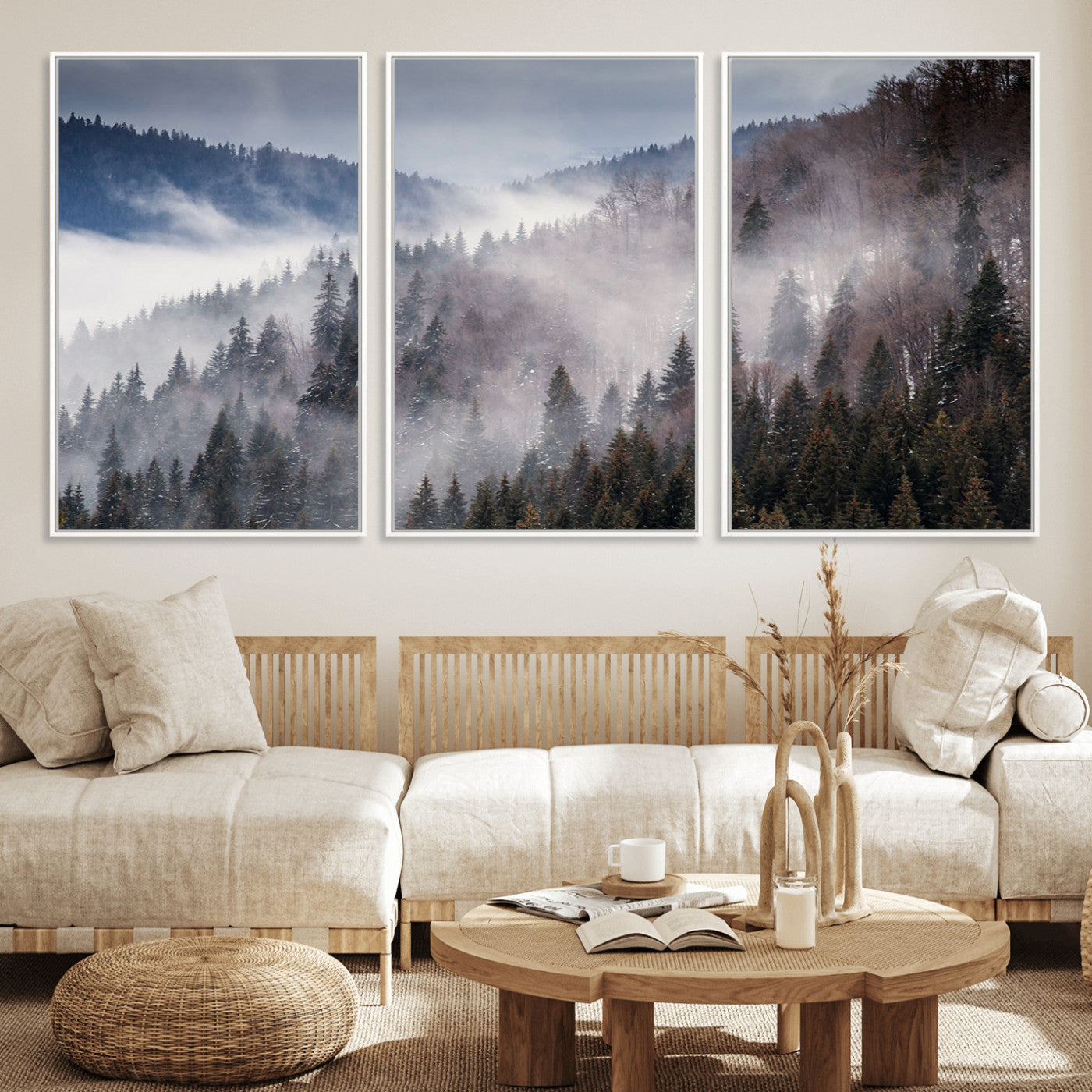 MGV-FC-60X30-3P - Beautiful Rising Fog in Winter Mountain Landscape - Framed Rising Fog in Winter Mountain Canvas