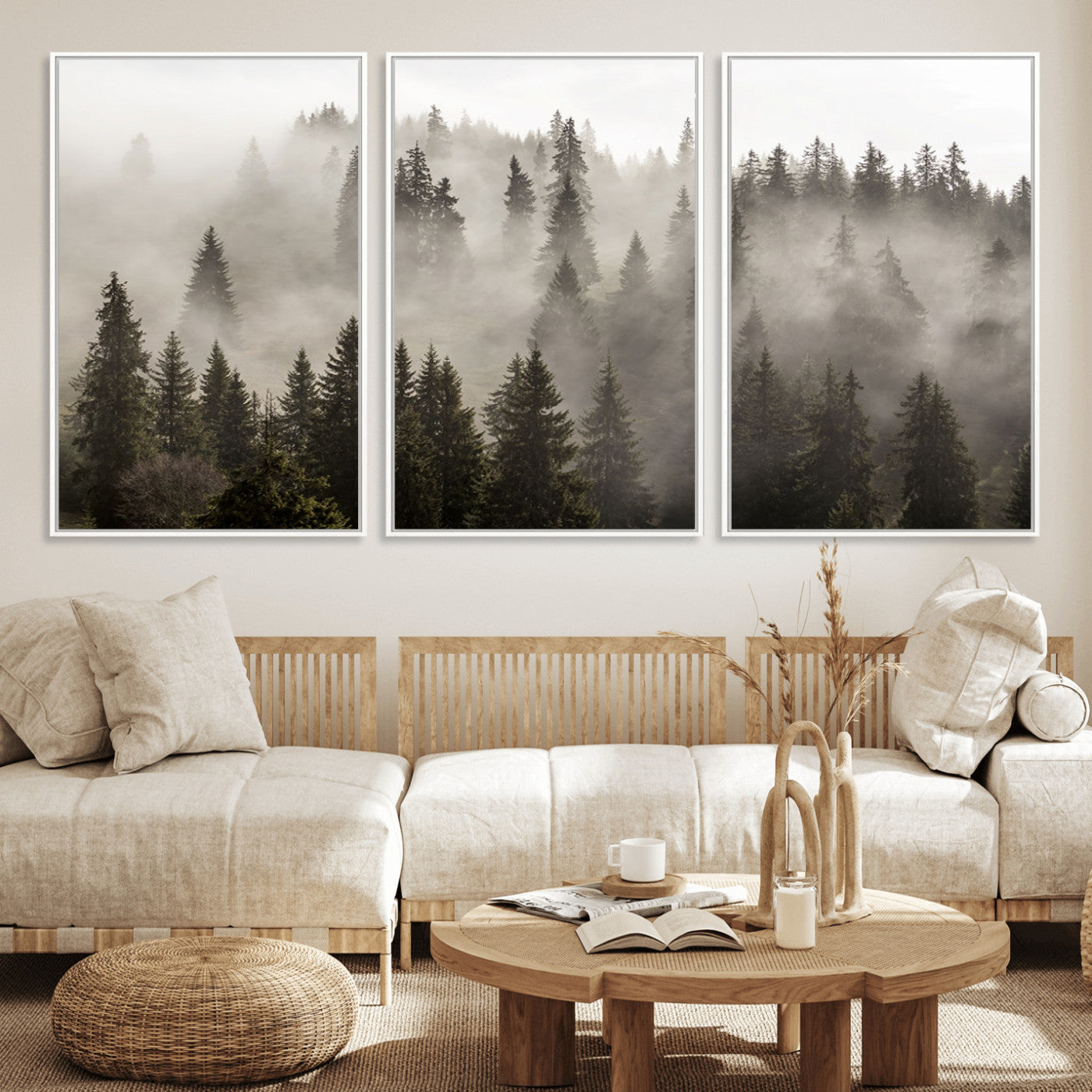 MGV-FC-60X30-3P - Foggy Mountain Wall Art | 3-Panel Foggy Forest and Mountain Landscape | Large Giclee Print for