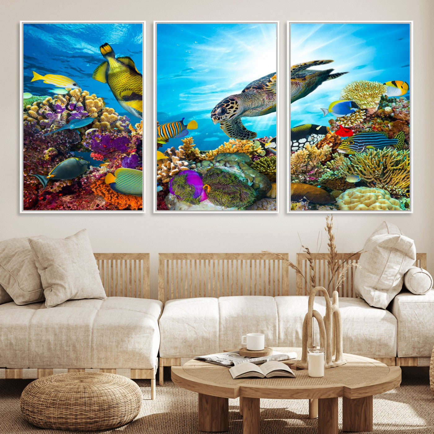 MGV-FC-60X30-3P - Sea Turtle Coral Reef Wall Art Print – Colorful Underwater Canvas Print – Tropical Ocean Marine Life Artwork – Perfect for Coastal Home Decor