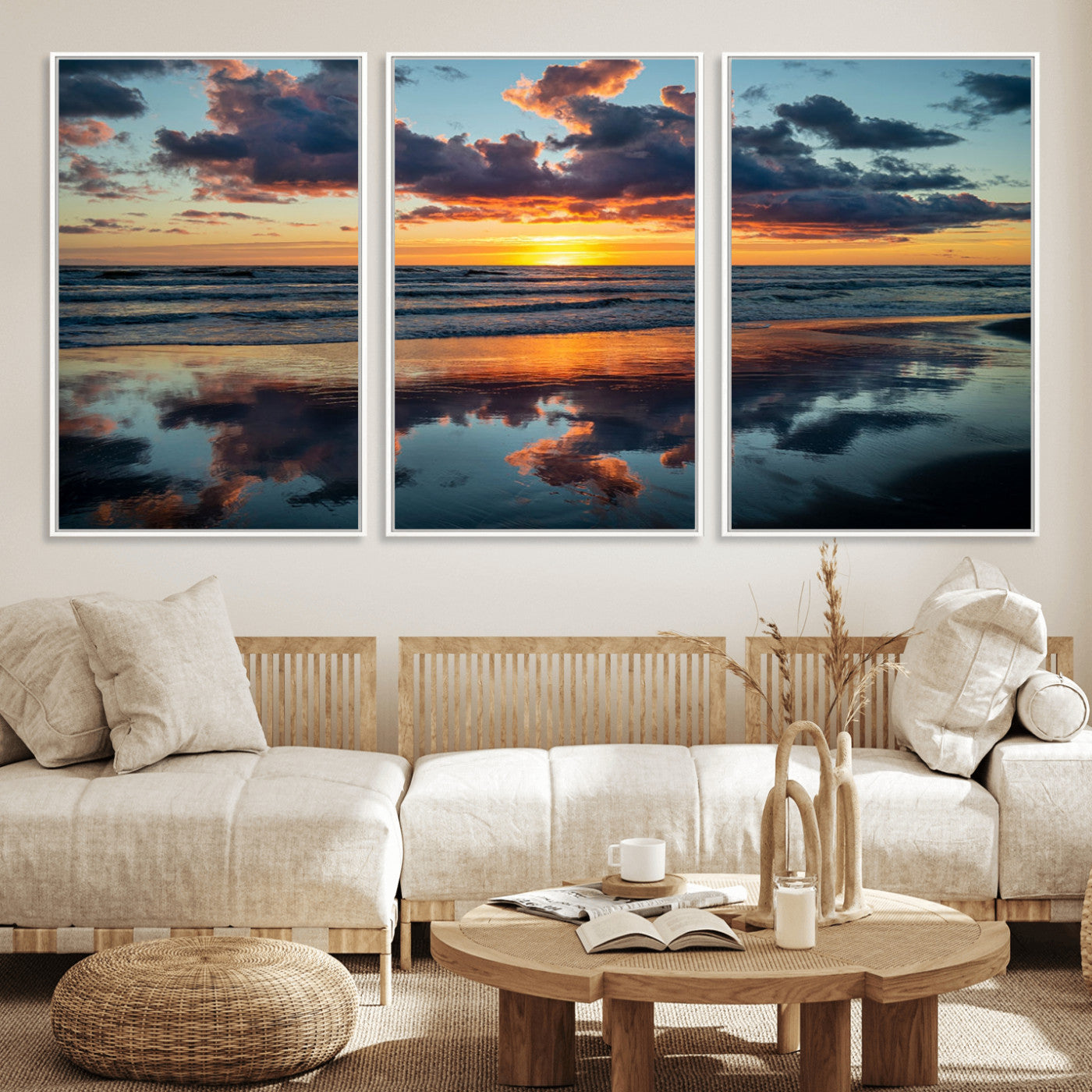 MGV-FC-60X30-3P - Beach Sunset Print - Stunning Ocean Canvas Artwork with Sunset Reflection Design for Elegant Home or