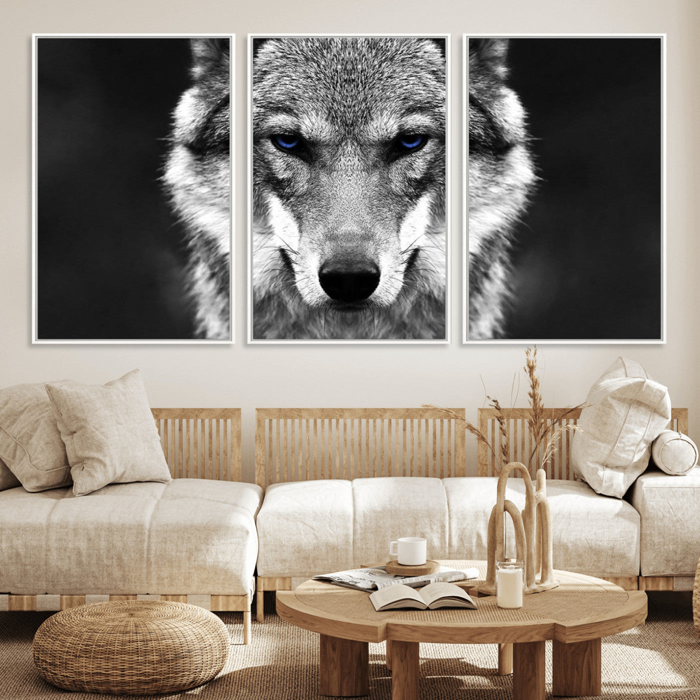 MGV-FC-60X30-3P - Black and White Wild Wolf Wall Art Canvas Print