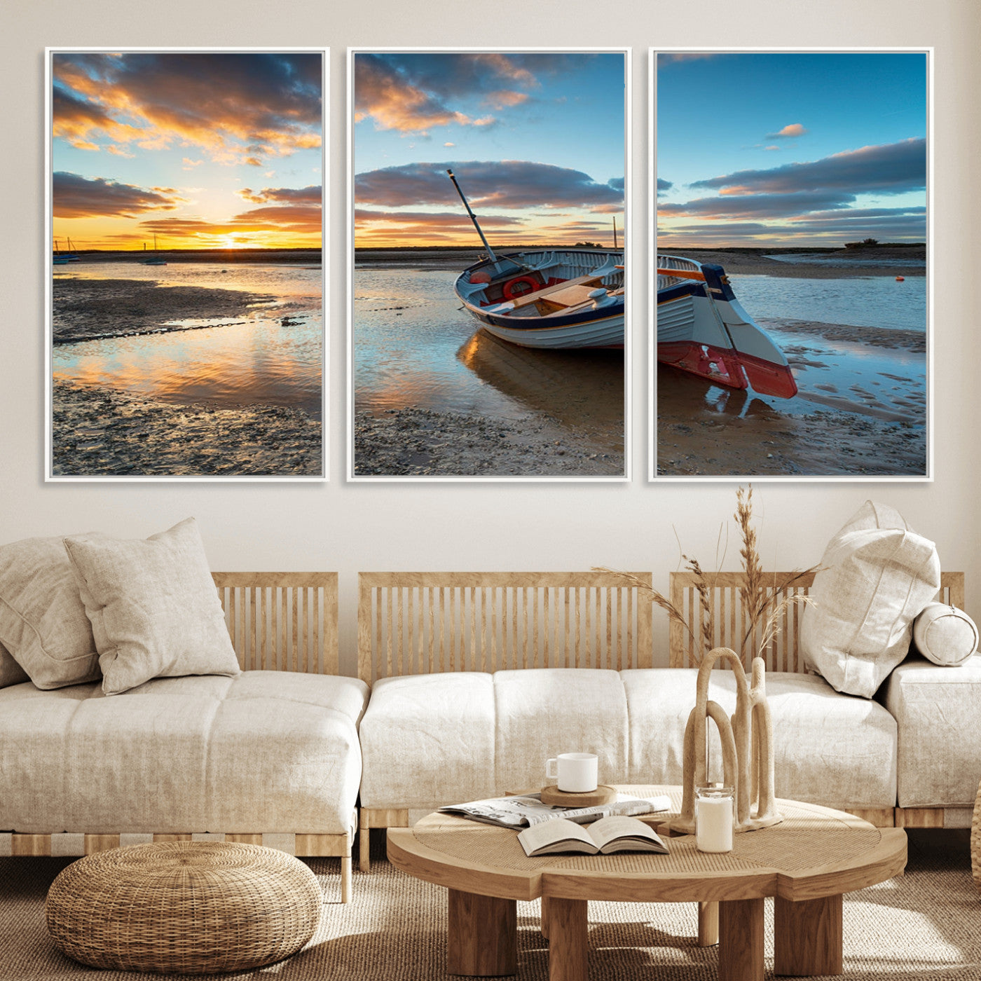 MGV-FC-60X30-3P - Small Boat At The Beach Sunset Wall Art, Boat Sunset Wall Art Canvas Print