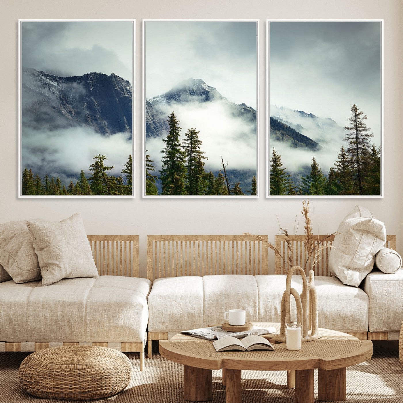 MGV-FC-60X30-3P - Mountain Mist Canvas Wall Art | 3-Panel Foggy Forest and Mountain Landscape | Large Giclee Print for Living Room, Office, or Cabin, Farmhouse Decor