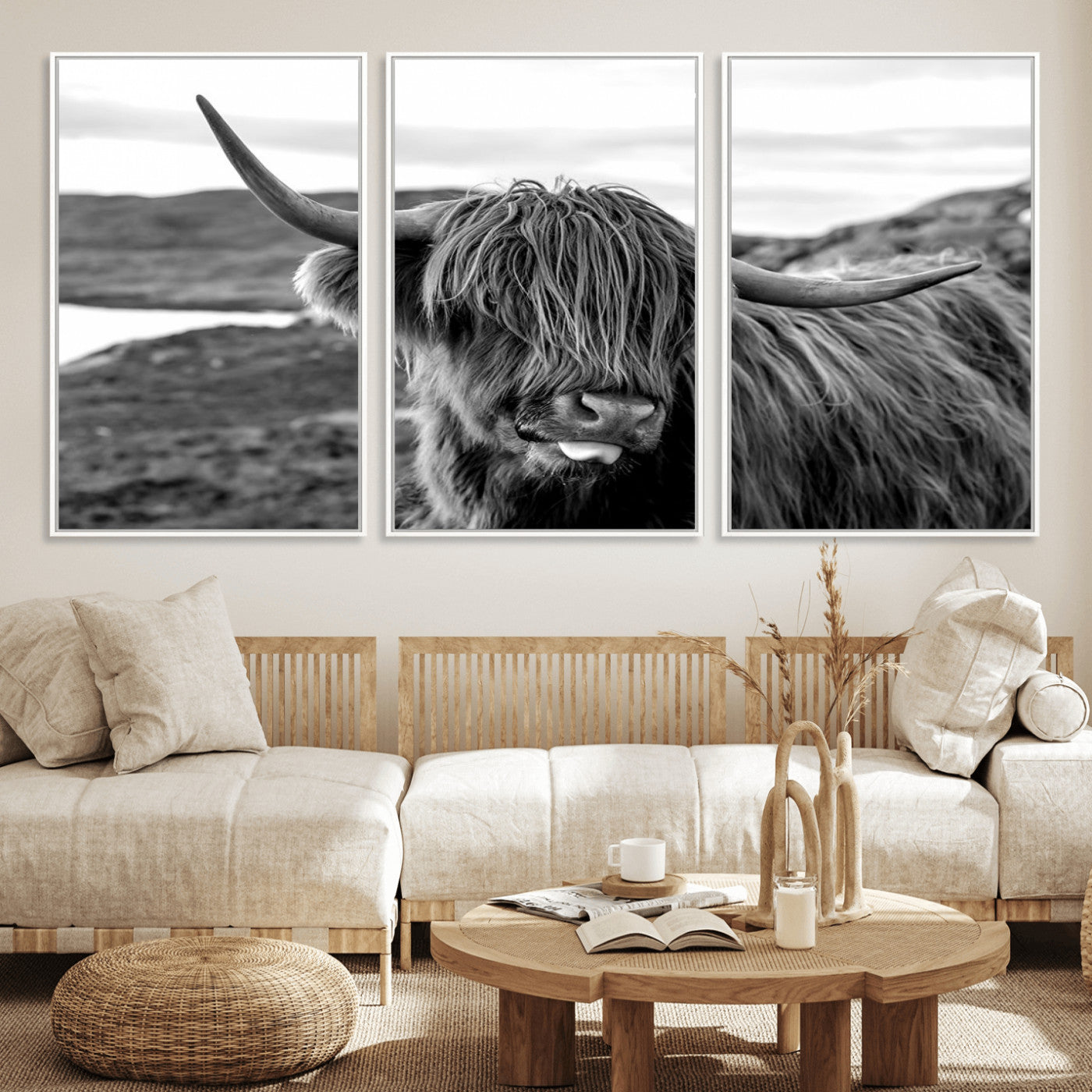 MGV-FC-60X30-3P - Highland Cow Canvas Wall Art – Black and White Animal Portrait – Framed and Ready to Hang Rustic Farmhouse Decor for Living Room or Office