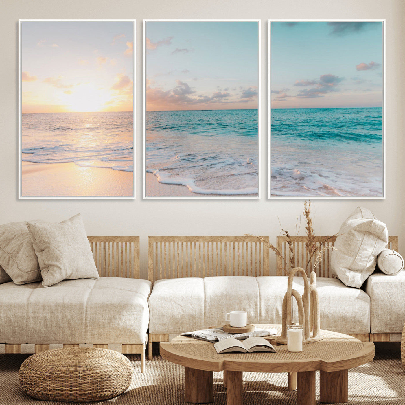 MGV-FC-60X30-3P - Tranquil Ocean Beach Sunset Canvas Wall Art | 3-Panel Coastal Decor