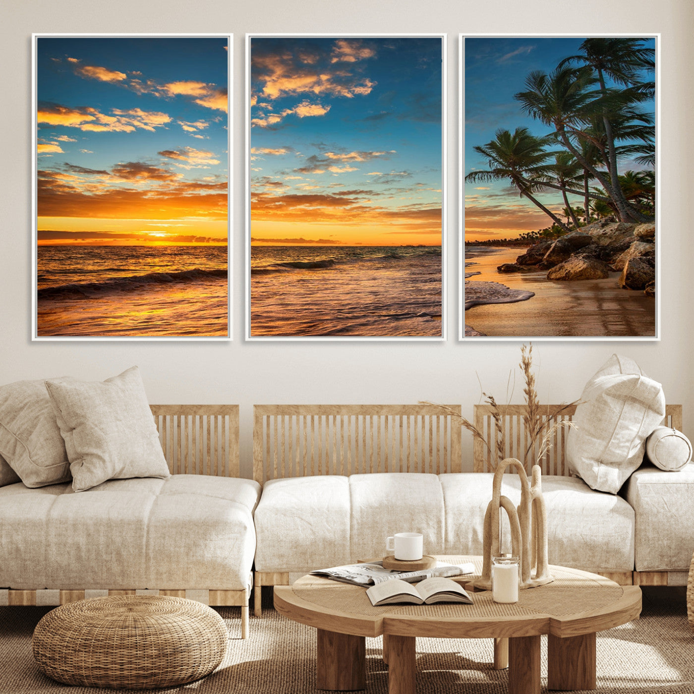 MGV-FC-60X30-3P - Tropical Beach Sunset Wall Art Print – Palm Tree Coastal Canvas Print – Ocean Seascape Artwork – Perfect for Tropical Modern Home Decor