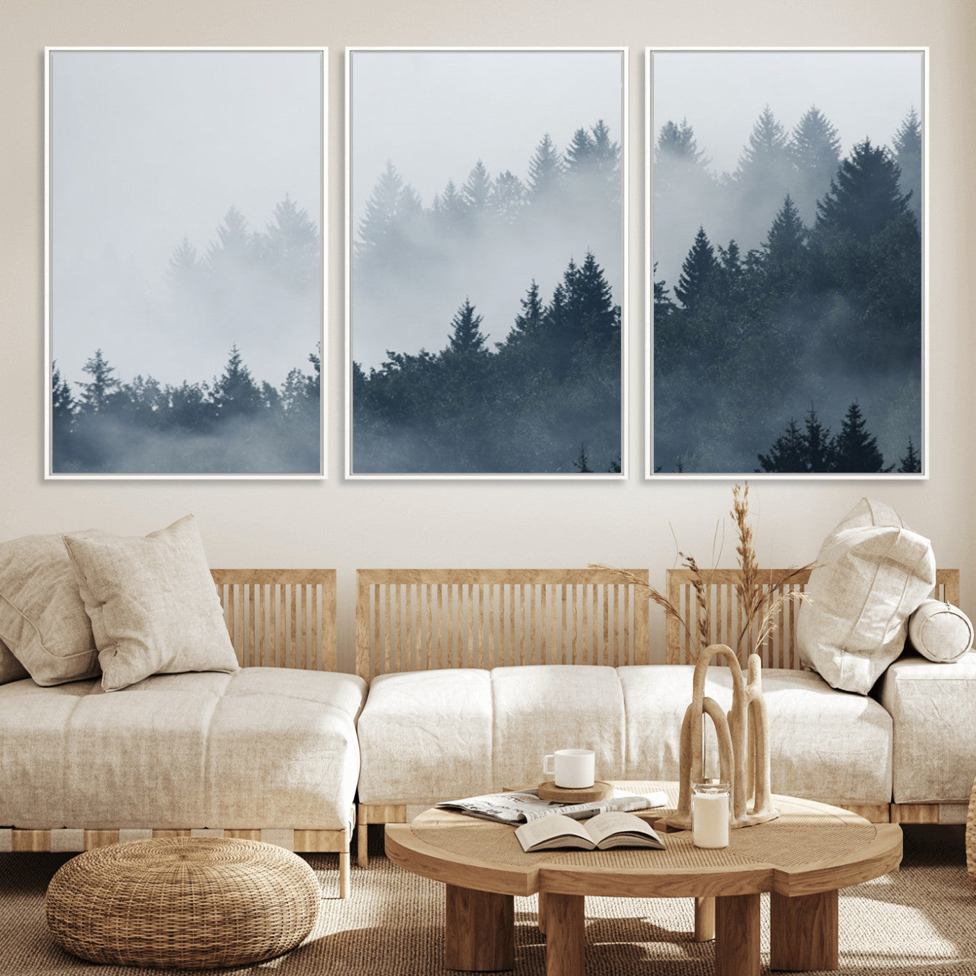 MGV-FC-60X30-3P - Misty Forest Wall Art Print – Foggy Pine Tree Canvas Print – Dark Woodland Nature Artwork – Perfect for Minimalist and Modern Home Decor