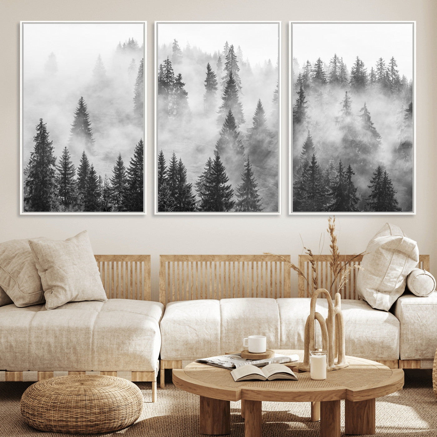 10422-MGV-CV-36X24-Forest Wall Art Print | Foggy Pine Forest Canvas Wall Art - Black and White Nature Decor for Living Room