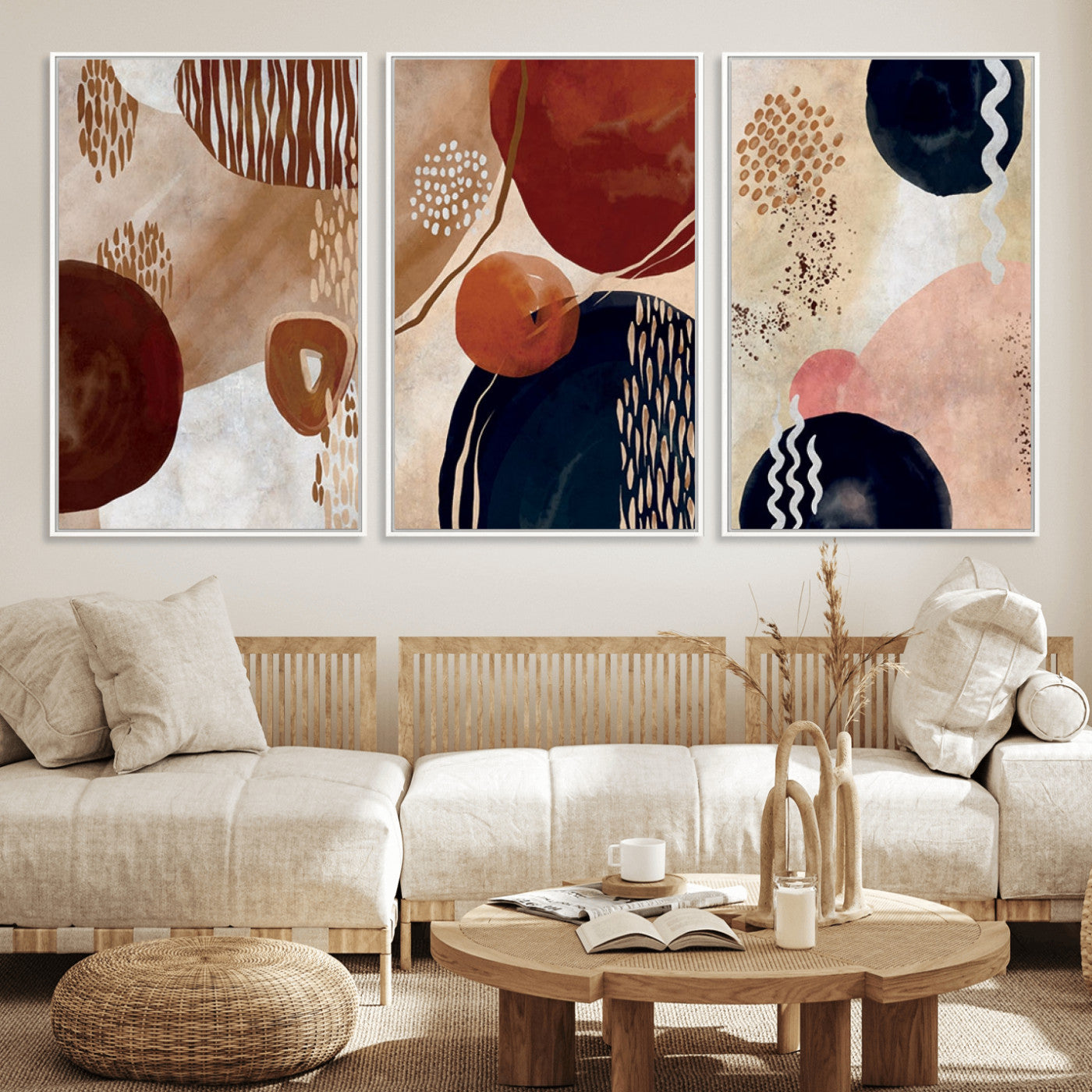 MGV-FC-60X30-3P - Boho Wall Art Canvas Print Set Mid-Century Prints Bohemian Wall Artwork Prints Boho Neutral