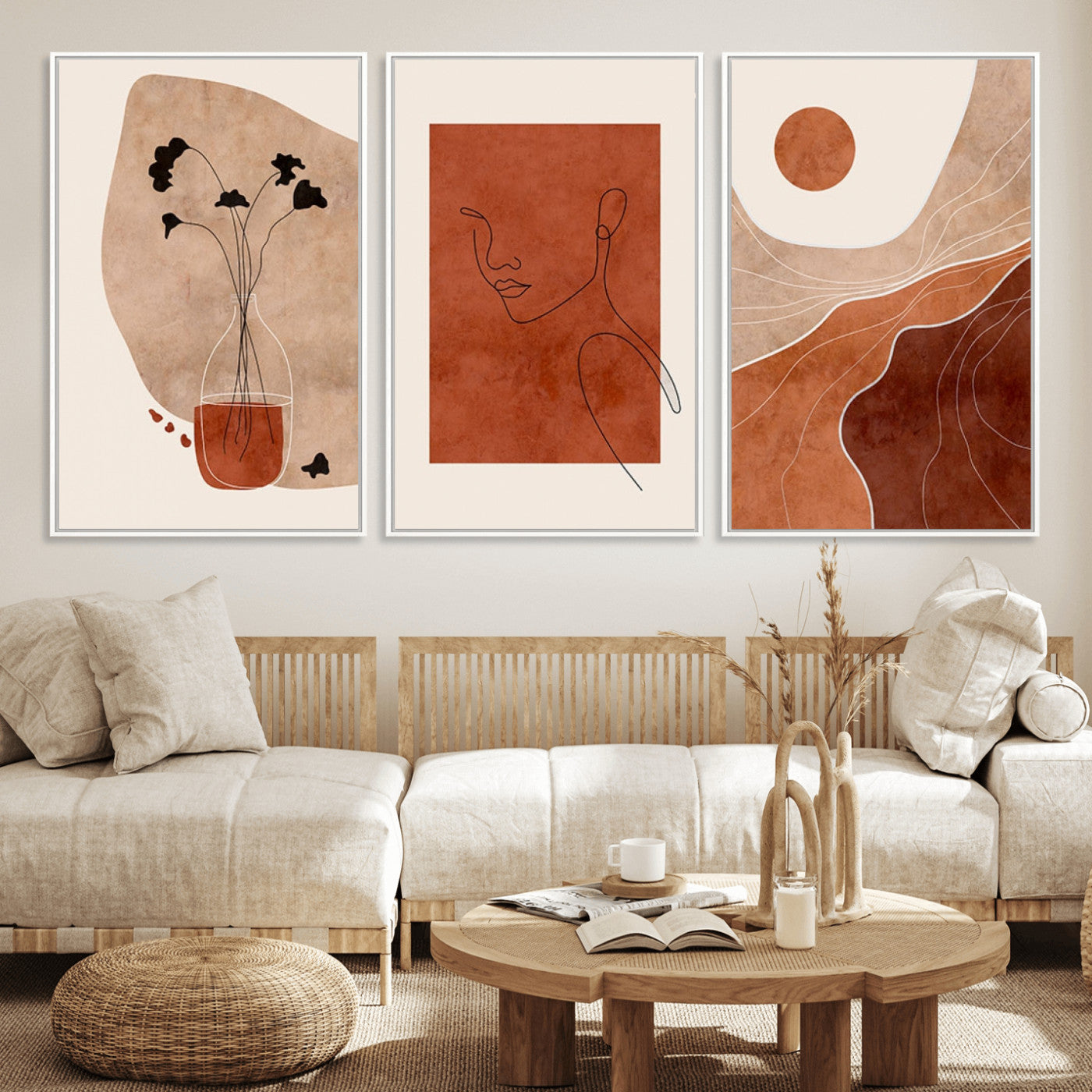MGV-FC-60X30-3P - Boho Sunset Mountain Canvas Print, Modern Boho Sunset Mountain Landscape Triptych – Giclée Canvas