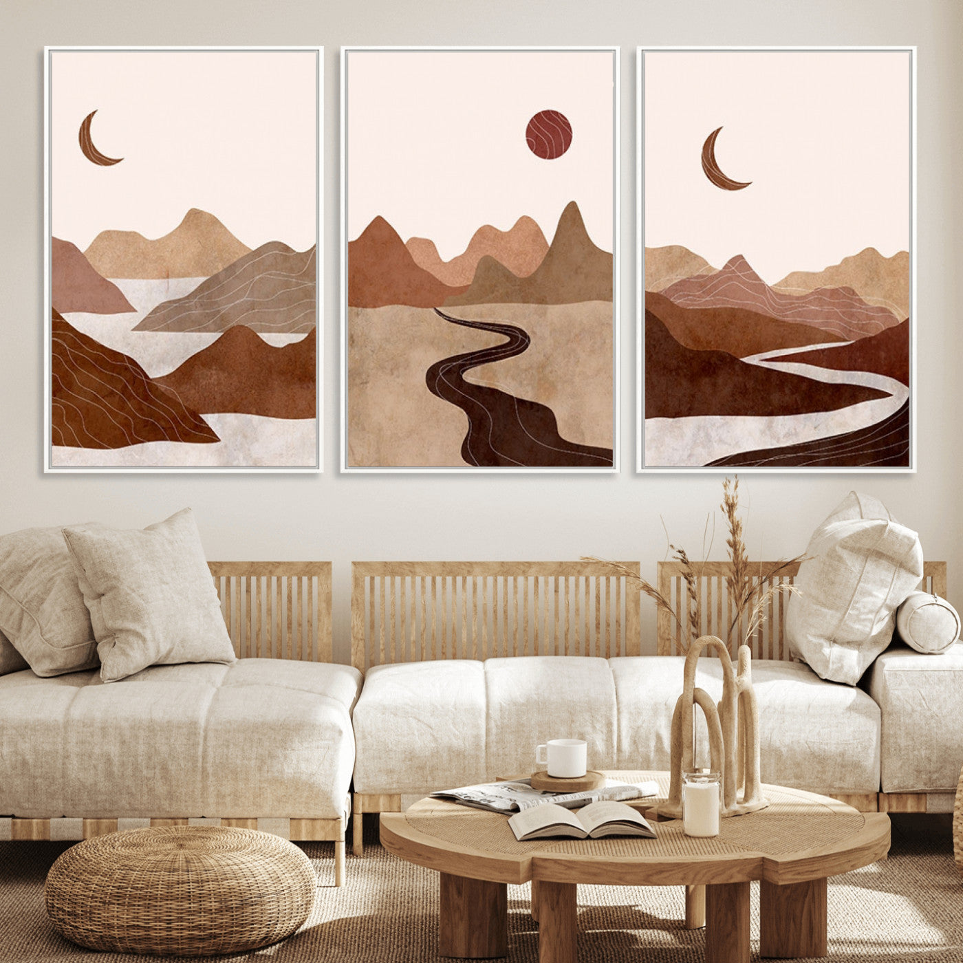 MGV-FC-60X30-3P - Boho Wall Art Canvas Print Set Mid-Century Prints Bohemian Wall Artwork Prints Boho Neutral