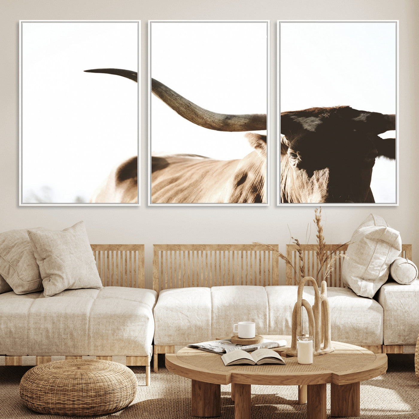 MGV-FC-60X30-3P - Texas Longhorn Wall Art Canvas Print | 3-Panel Large Longhorn Canvas Print for Living Room, Framed Gallery Wrap Office, Rustic Western Cowboy Decor