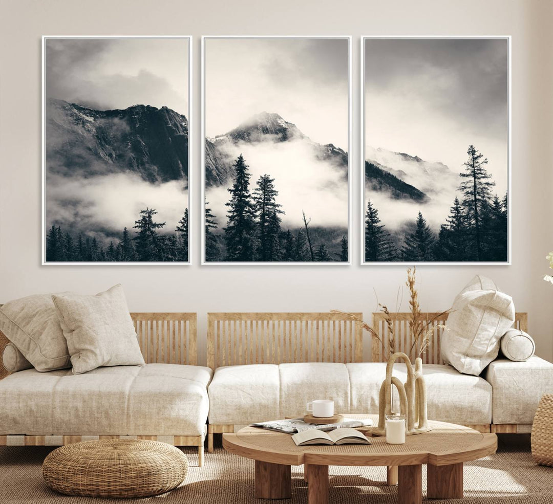 Forest Mountain Print - Black and White Canvas.