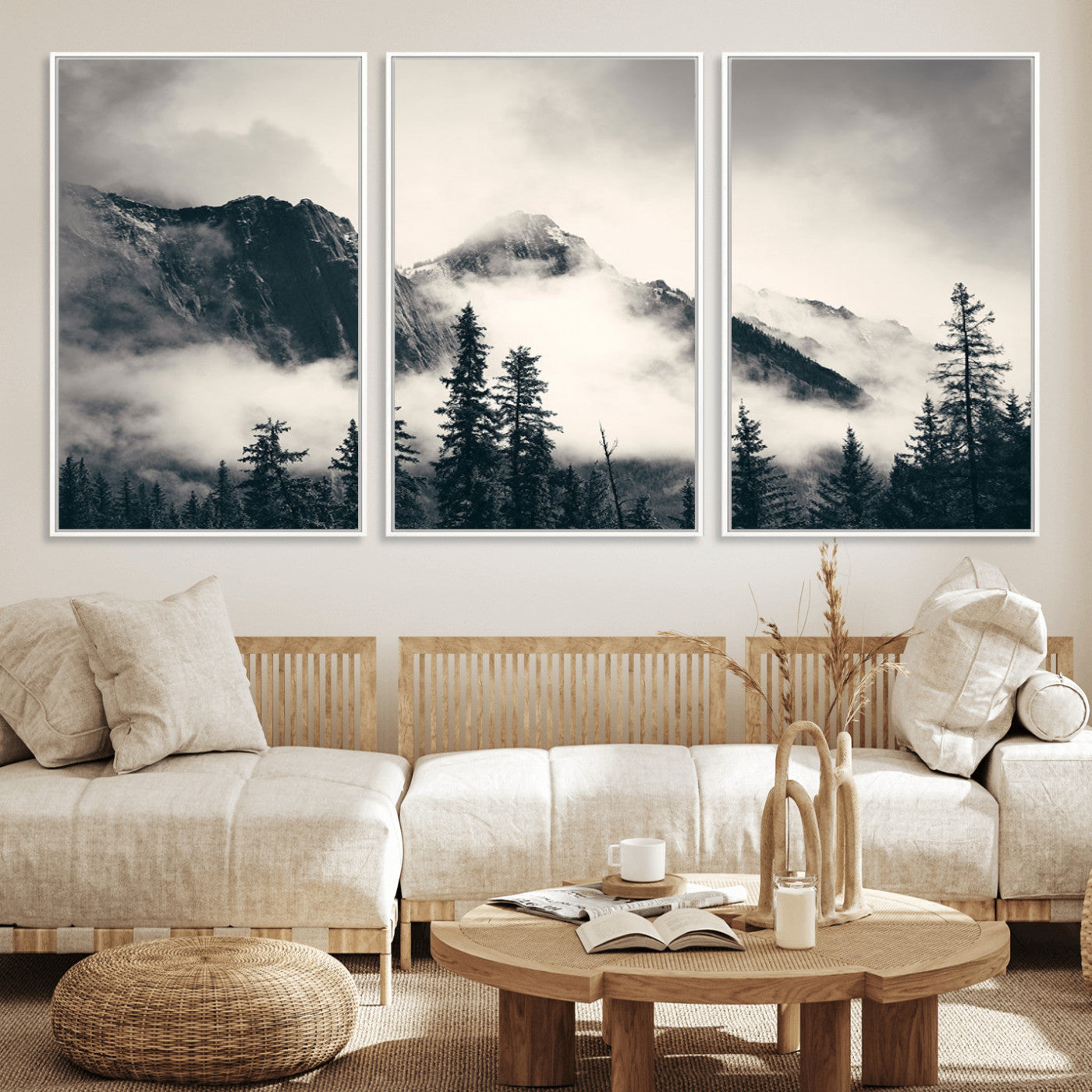MGV-FC-60X30-3P - Large Foggy Mountain Forest Wall Art Canvas Print | Misty Mountain Peaks and Pine Trees Print | Framed Gallery Wrap | Rustic Nature Farmhouse Decor