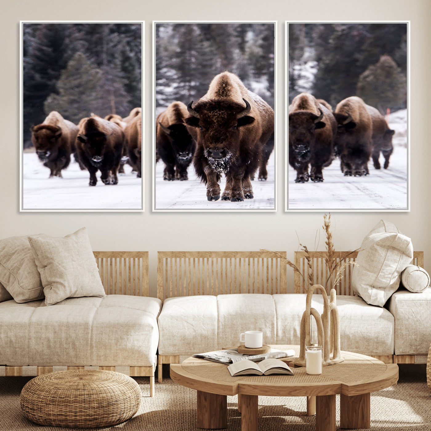 MGV-FC-60X30-3P - Bison Wall Art Canvas Print- Bison Herd Canvas Wall Art – Majestic Wildlife Photography – Framed and Ready to Hang Nature-Inspired Art - Buffalo Wall Art Print
