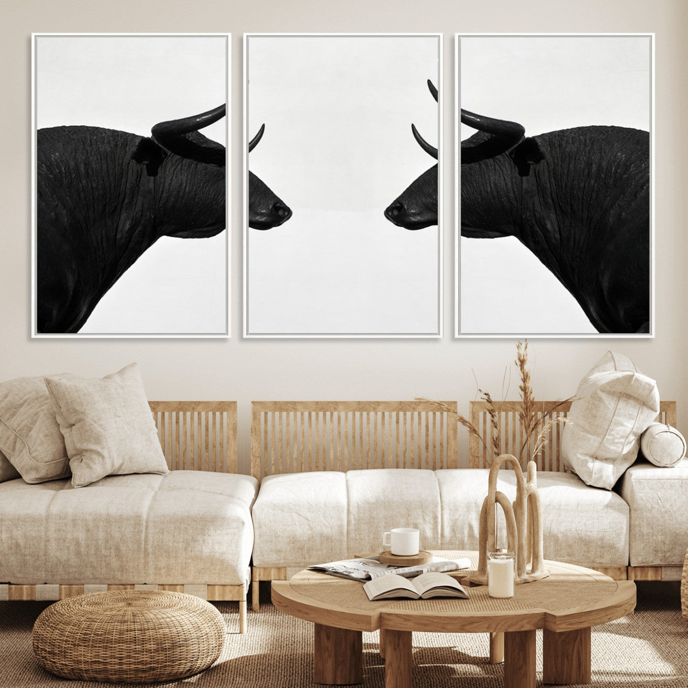 -Spanish Bull Art - Framed Black and White Bull Canvas Print for Modern Rustic Home or Office Decor