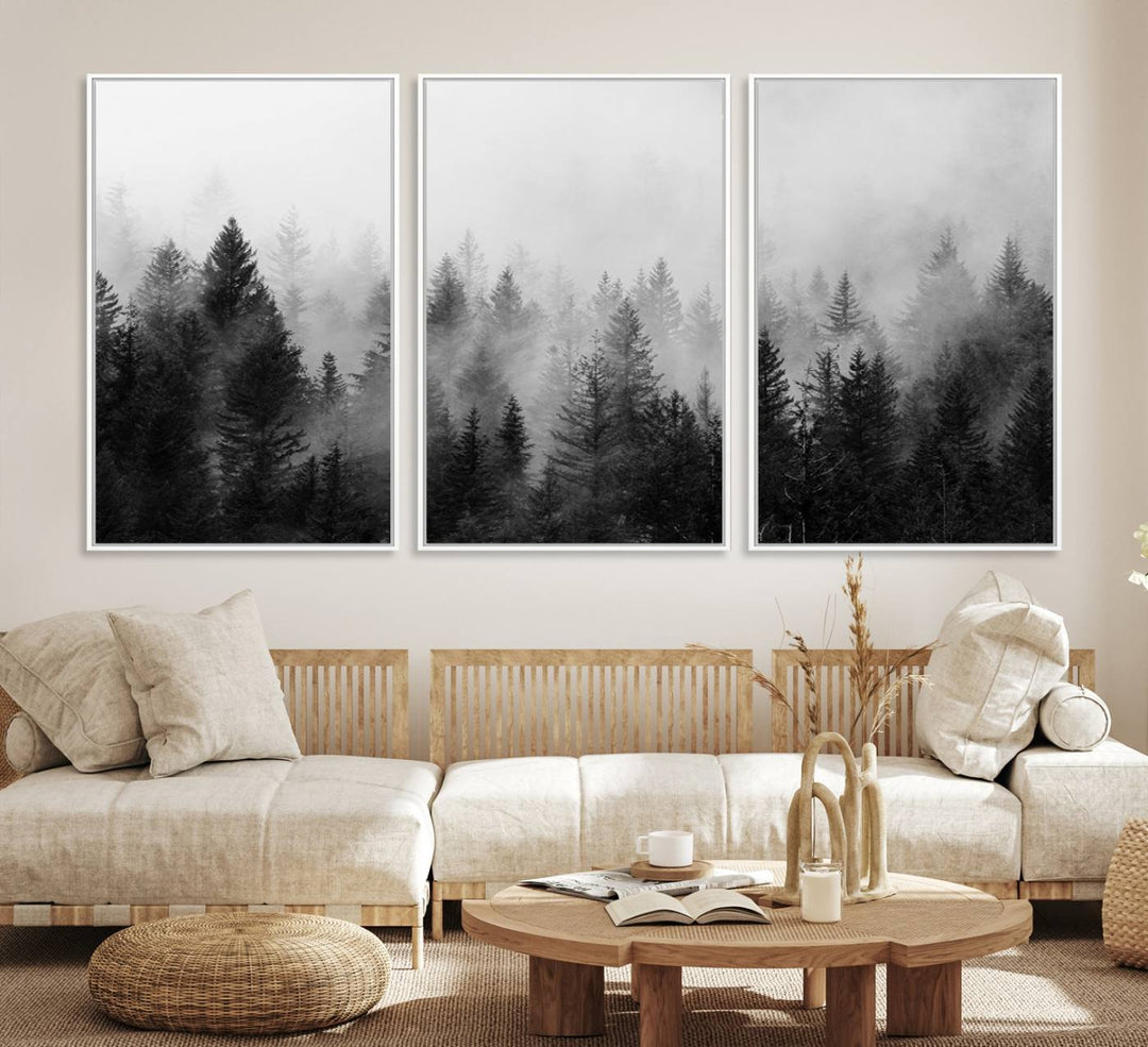 Fogy Forest Canvas Art features misty pines and a mountain landscape.