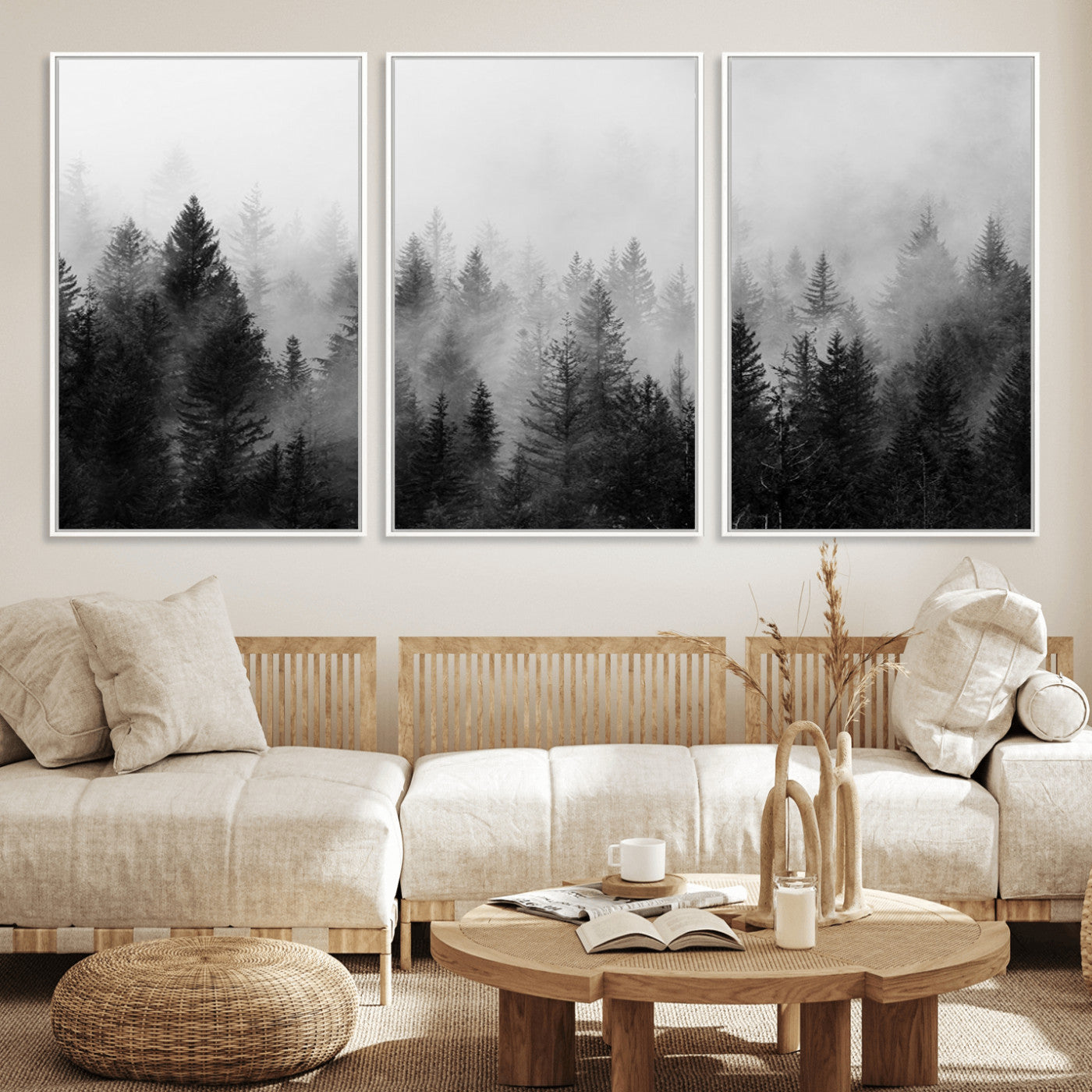 MGV-FC-60X30-3P - Foggy Black and White Forest Wall Art, 3 Panel Misty Pine Trees Canvas Print for Living Room, Office, or Bedroom, Nature-Inspired Woodland Wall Decor