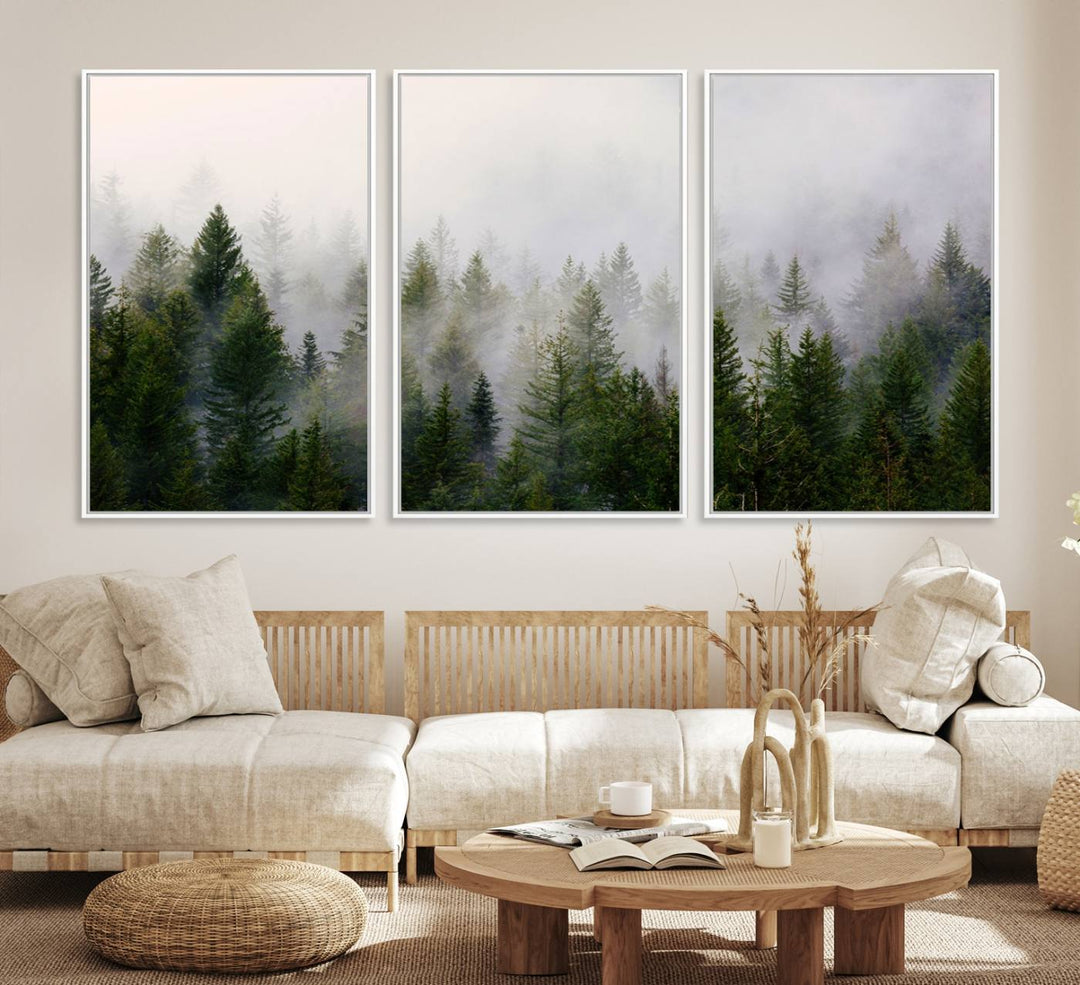 A serene, foggy evergreen forest creates a mysterious atmosphere, ideal for premium canvas wall art.