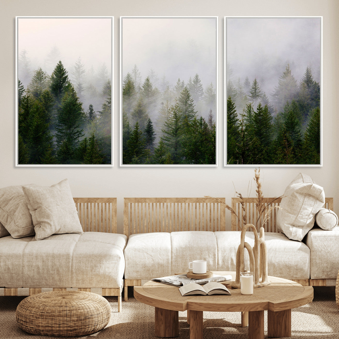 MGV-FC-60X30-3P - Misty Pine Forest Wall Art Canvas Print | 3 Panel Green Woodland Canvas Print for Living Room, Office, or Dining Room | Nature Foggy Forest Decor