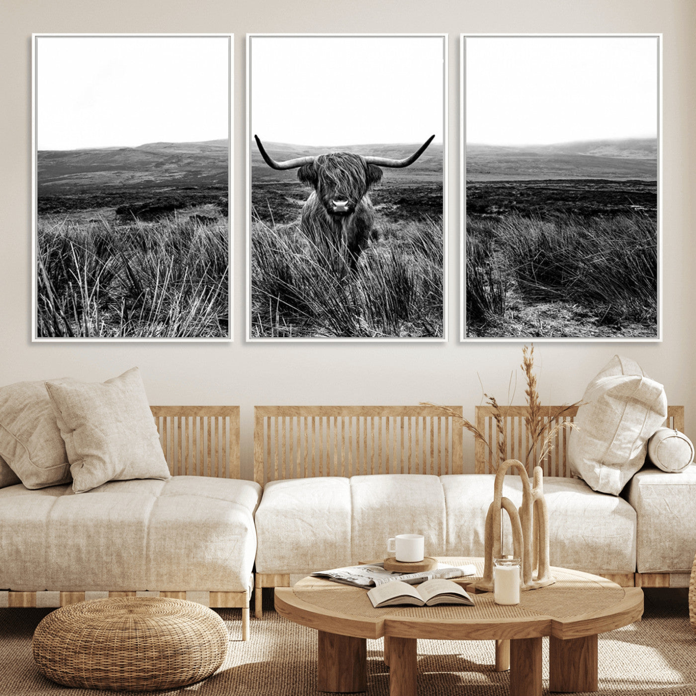 MGV-FC-60X30-3P - Black and White Highland Cow Canvas Wall Art, Longhorn Triptych Western Wall Decor for Cabin -