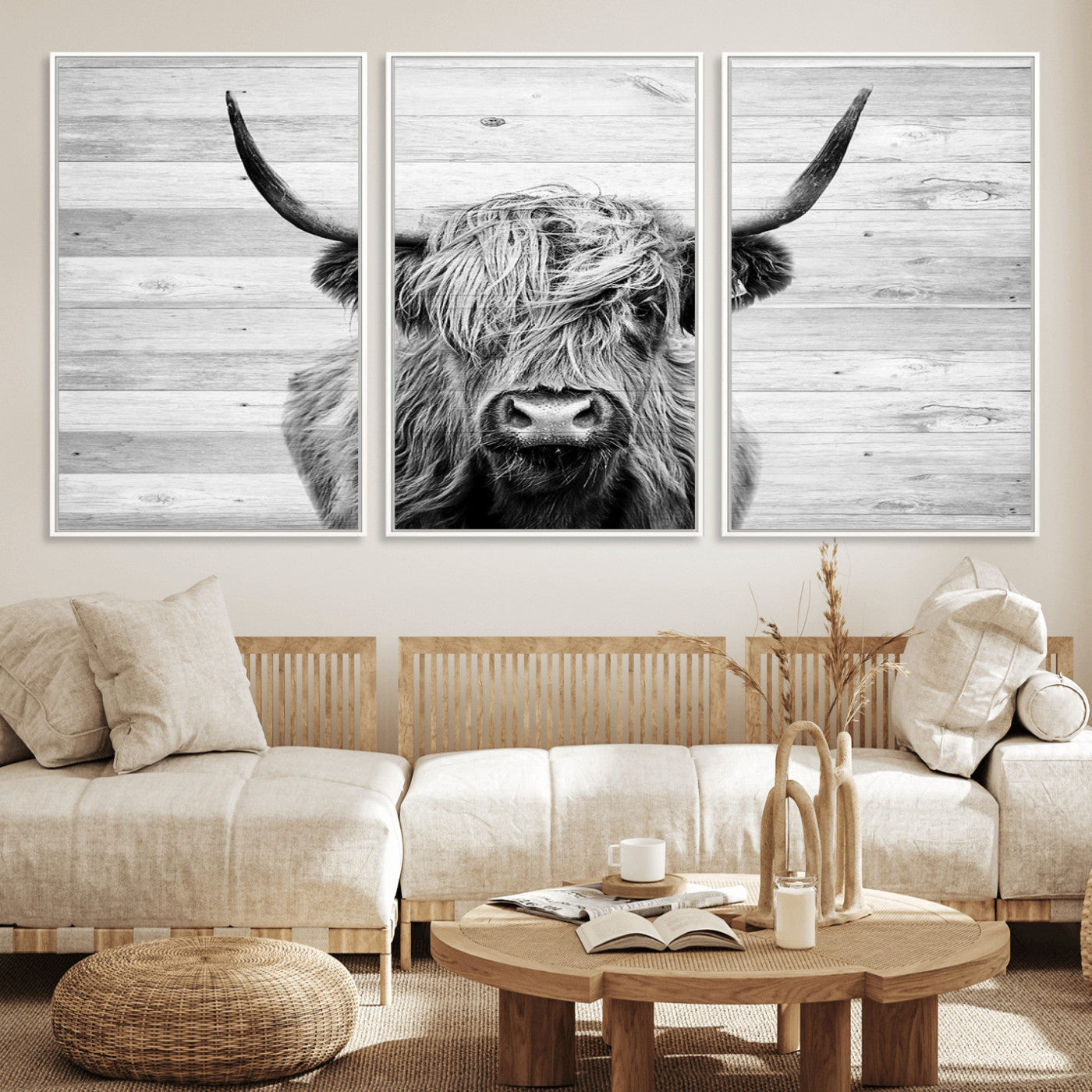 MGV-FC-60X30-3P - Scottish Highland Cow Cattle Art Print on Wood Background Style
