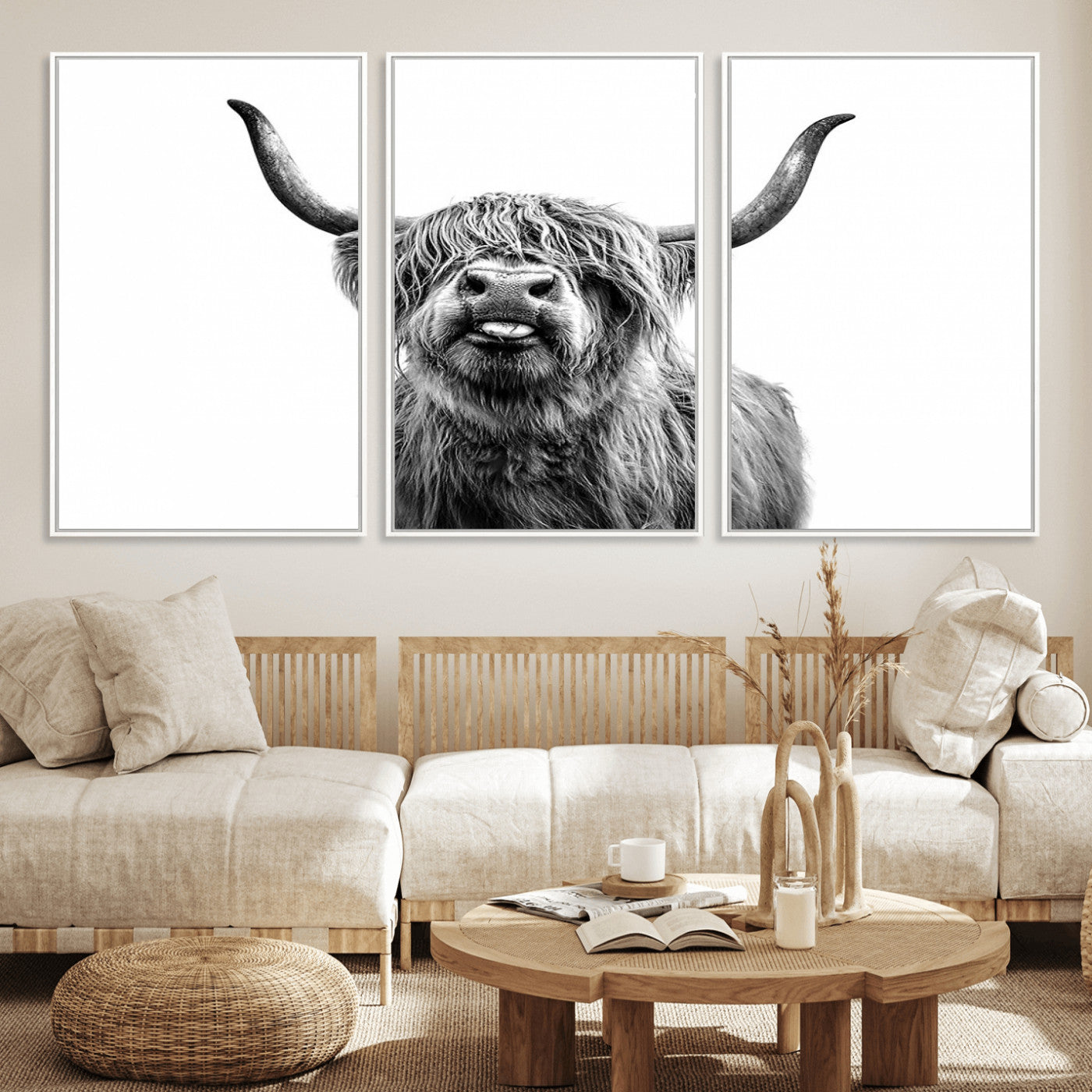 MGV-FC-60X30-3P - Fanny Scottish Highland Cow Cattle Art Print Farmhouse Wall Art Canvas Print
