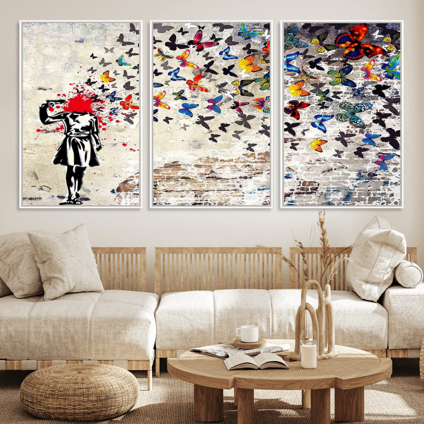 MGV-FC-60X30-3P - Banksy Art Butterfly Girl Explosion Canvas Art – Vibrant Urban Graffiti for Modern Interiors - Ready to Hang
