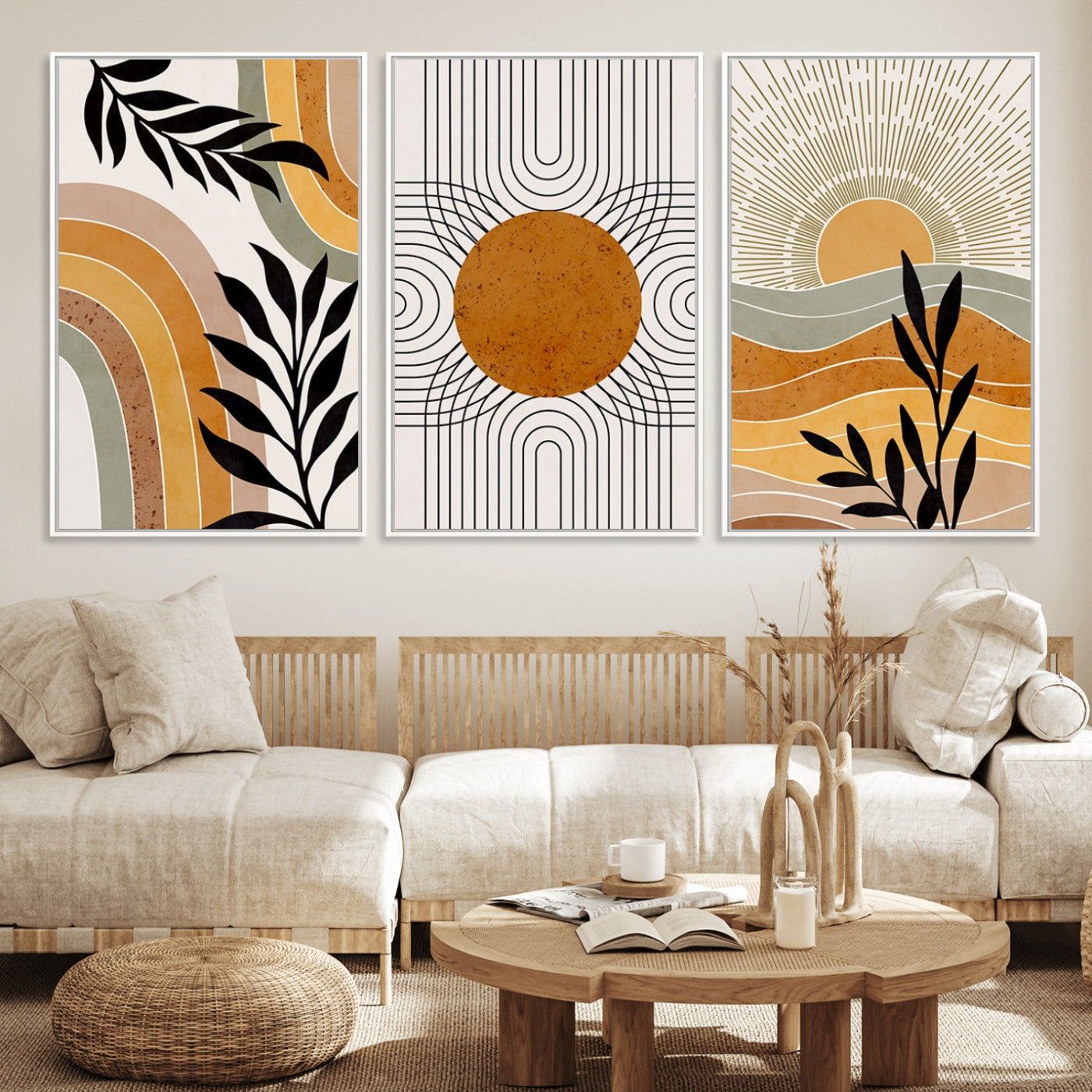 MGV-FC-60X30-3P - Modern Boho Sun and Leaf Abstract Art – 3-Panel Giclée Canvas for Mid-Century Modern or Bohemian Wall Decor