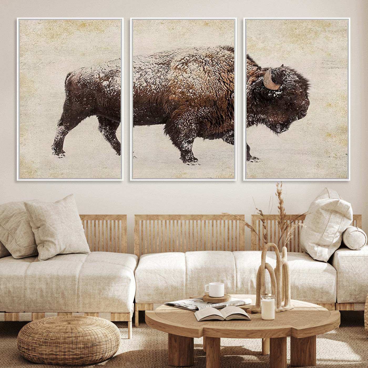 MGV-FC-60X30-3P - Buffalo Wall Art, Western Bison Canvas Print, Rustic Buffalo Art for Cowboy Western Decor, Large Multi-Panel Giclee Canvas for Farmhouse Wall Decor