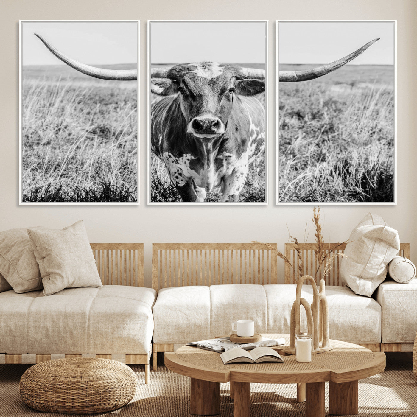 MGV-FC-60X30-3P - Texas Cow Longhorn Wall Art Canvas Print for Farm House Wall Decor, Farmhouse Wall Art Print