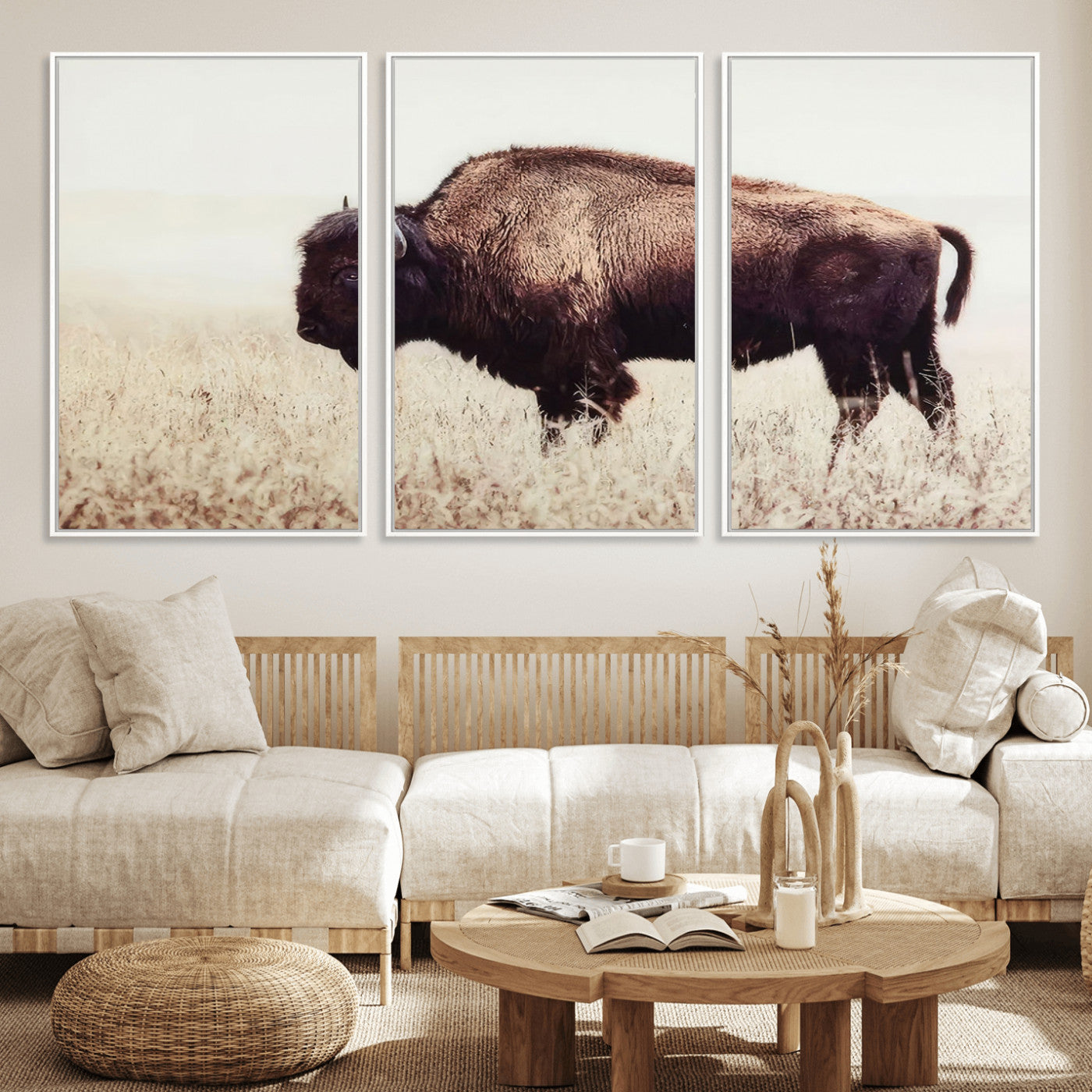 MGV-FC-60X30-3P - Bison in Field Wall Art Canvas Print For Farmhouse Barn Decor
