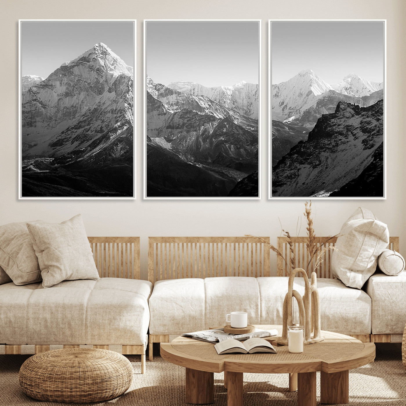 MGV-FC-60X30-3P - Everest Himalaya Mountain Peaks Black & White Triptych Canvas Art – Mountain Wall Decor for Minimalist Interiors