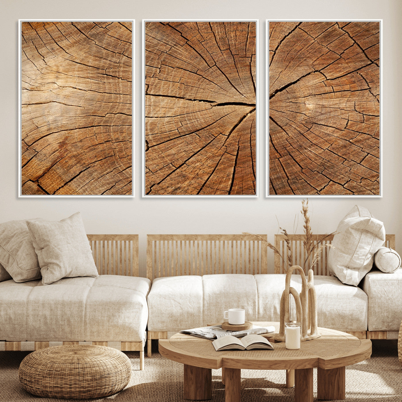 MGV-FC-60X30-3P - Tree Ring Canvas Art, Rustic Wood Grain Wall Art, Tree Slice Decor for Modern Homes, Giclee Multi-Panel Print, Tree Ring Wall Art Set