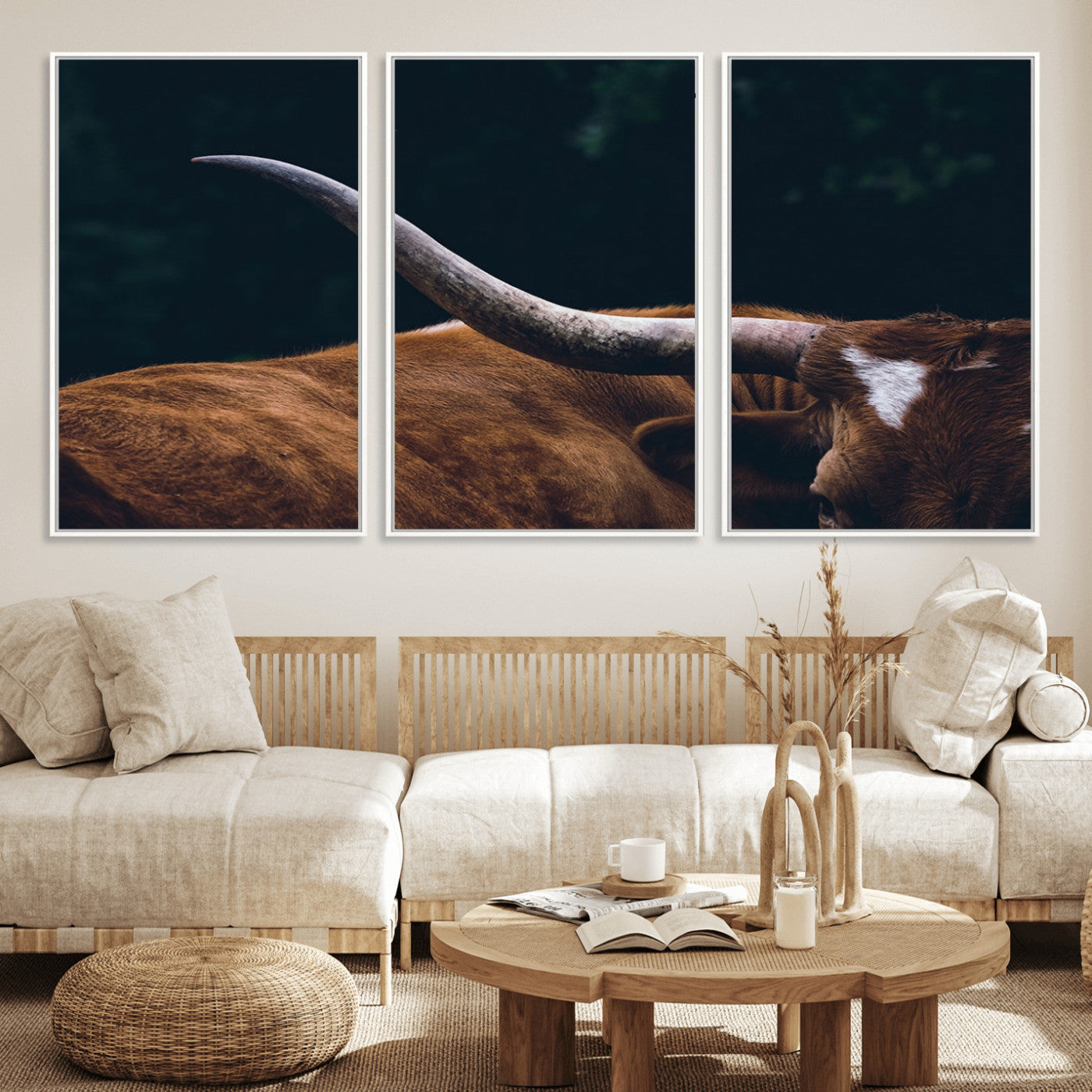 MGV-FC-60X30-3P - Texas Longhorn Bull Wall Art Canvas Print - Large Framed Canvas Wall Art, Animal Print for Rustic Home or Office Décor, Farmhouse Cabin Wall Decor