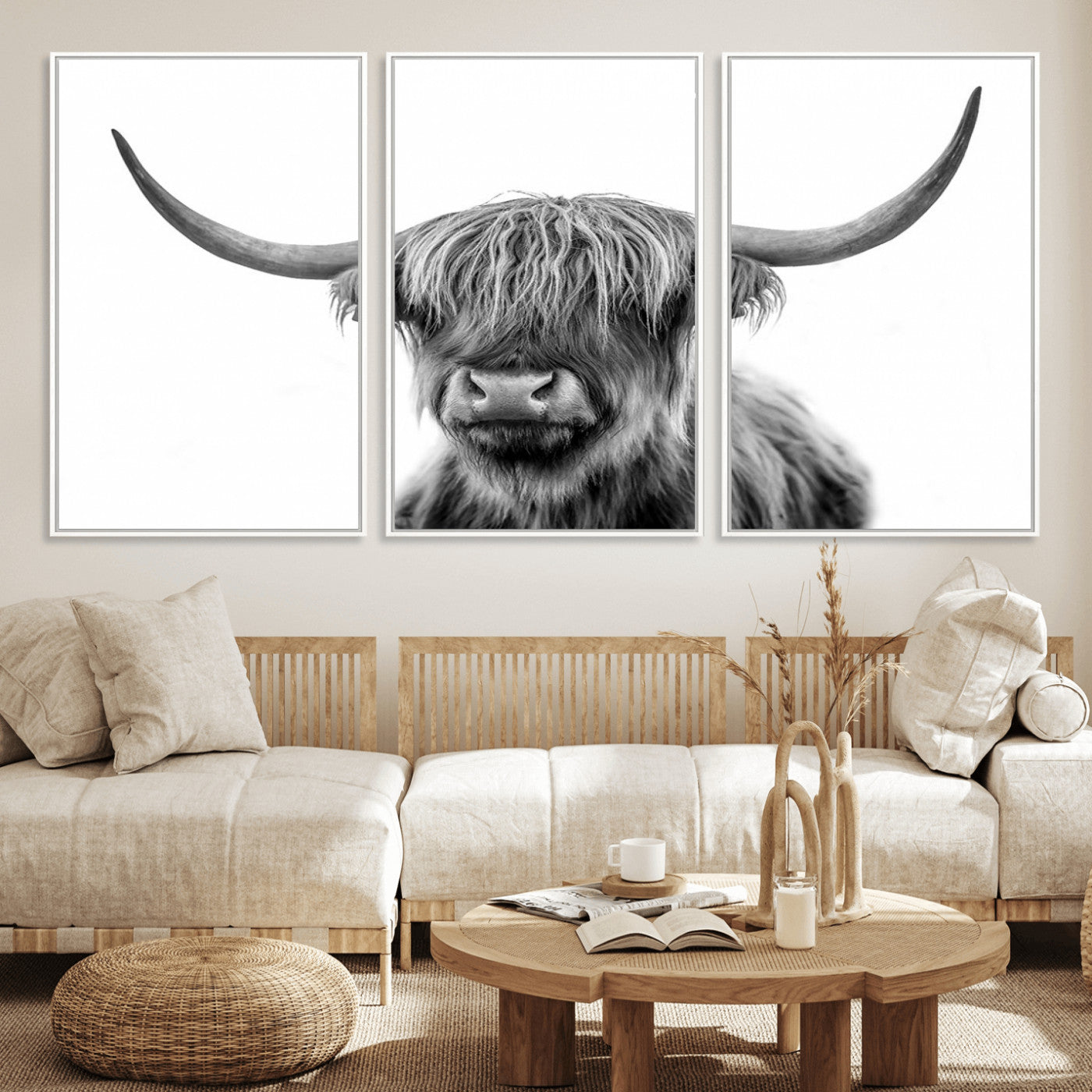 MGV-FC-60X30-3P - Grayscale Scottish Highland Cow Cattle Art Print Farmhouse Wall Art Canvas Print