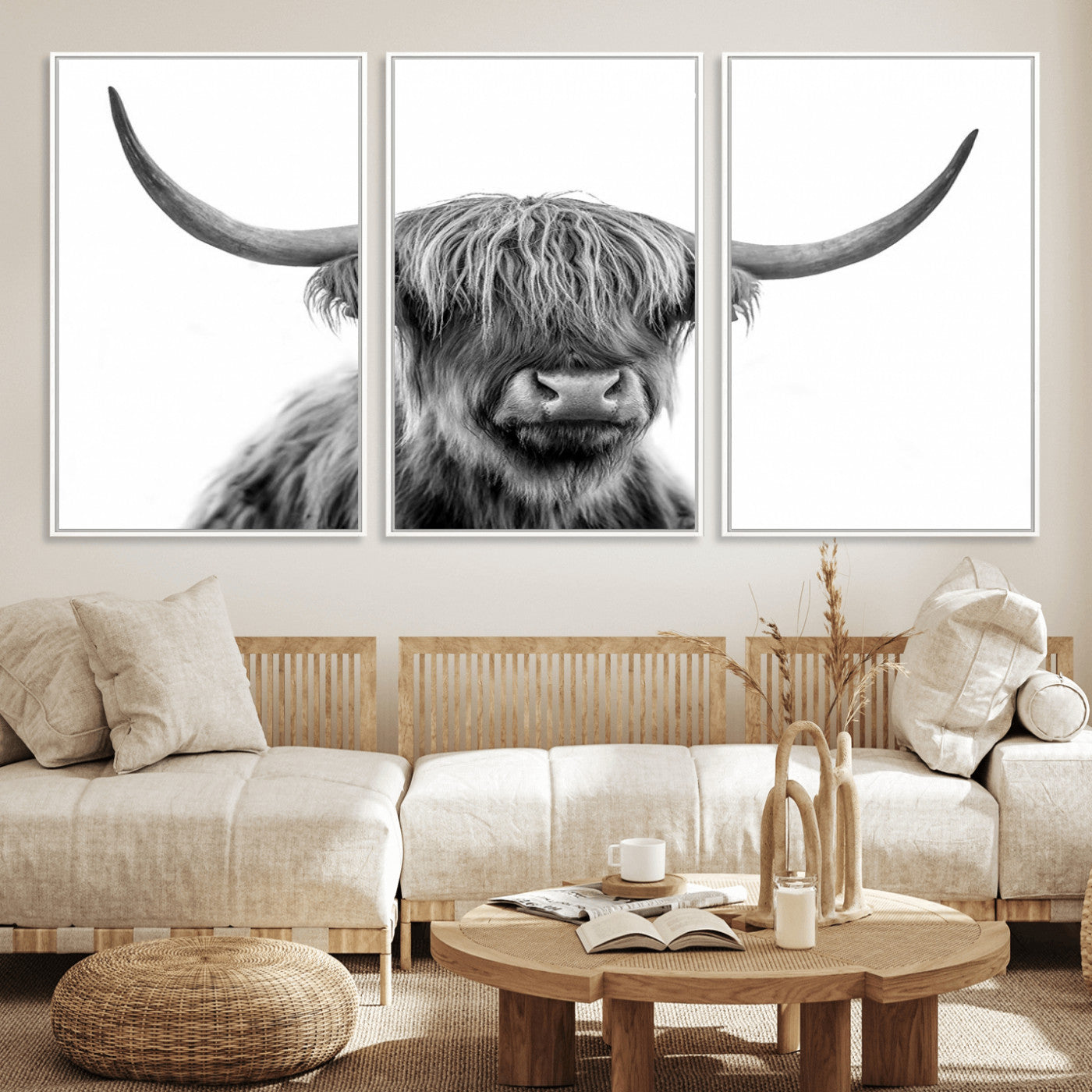MGV-FC-60X30-3P - Scottish Highland Cow Cattle Art Print Wall Art Canvas Print for Farmhouse Decor, Framed Scottish