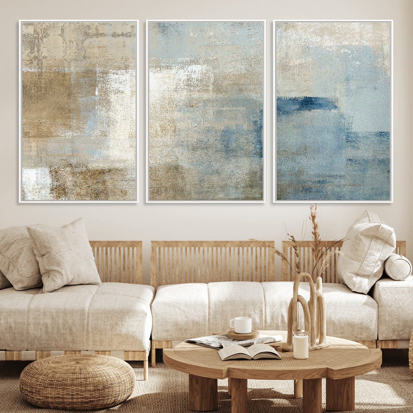 MGV-FC-60X30-3P - Abstract Blue and Beige Wall Art, Modern Minimalist Canvas Print Set, Giclee Textured Art, Large Multi-Panel Artwork for Living Room