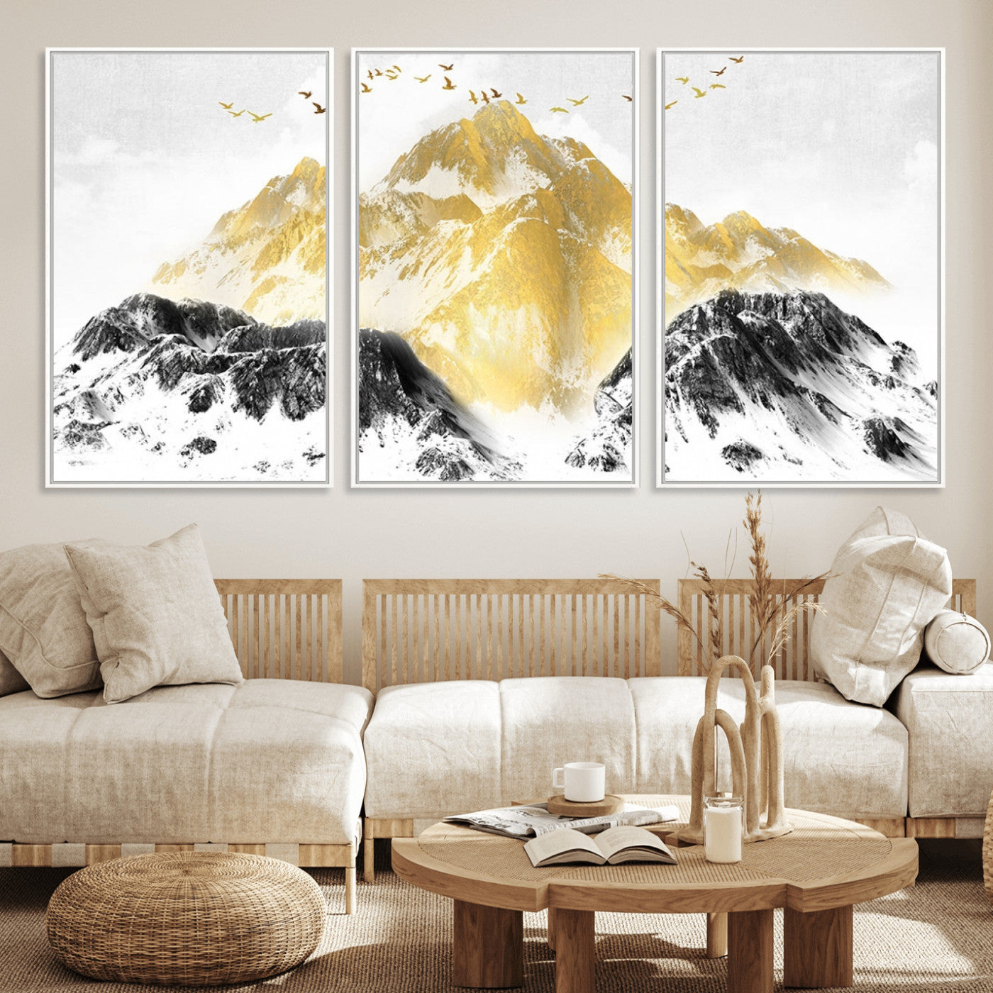 MGV-FC-60X30-3P - Golden Mountain Triptych Wall Art, Modern Giclee Canvas Print, Nature Landscape Decor for Living Room, Contemporary Gold and Black Wall Art