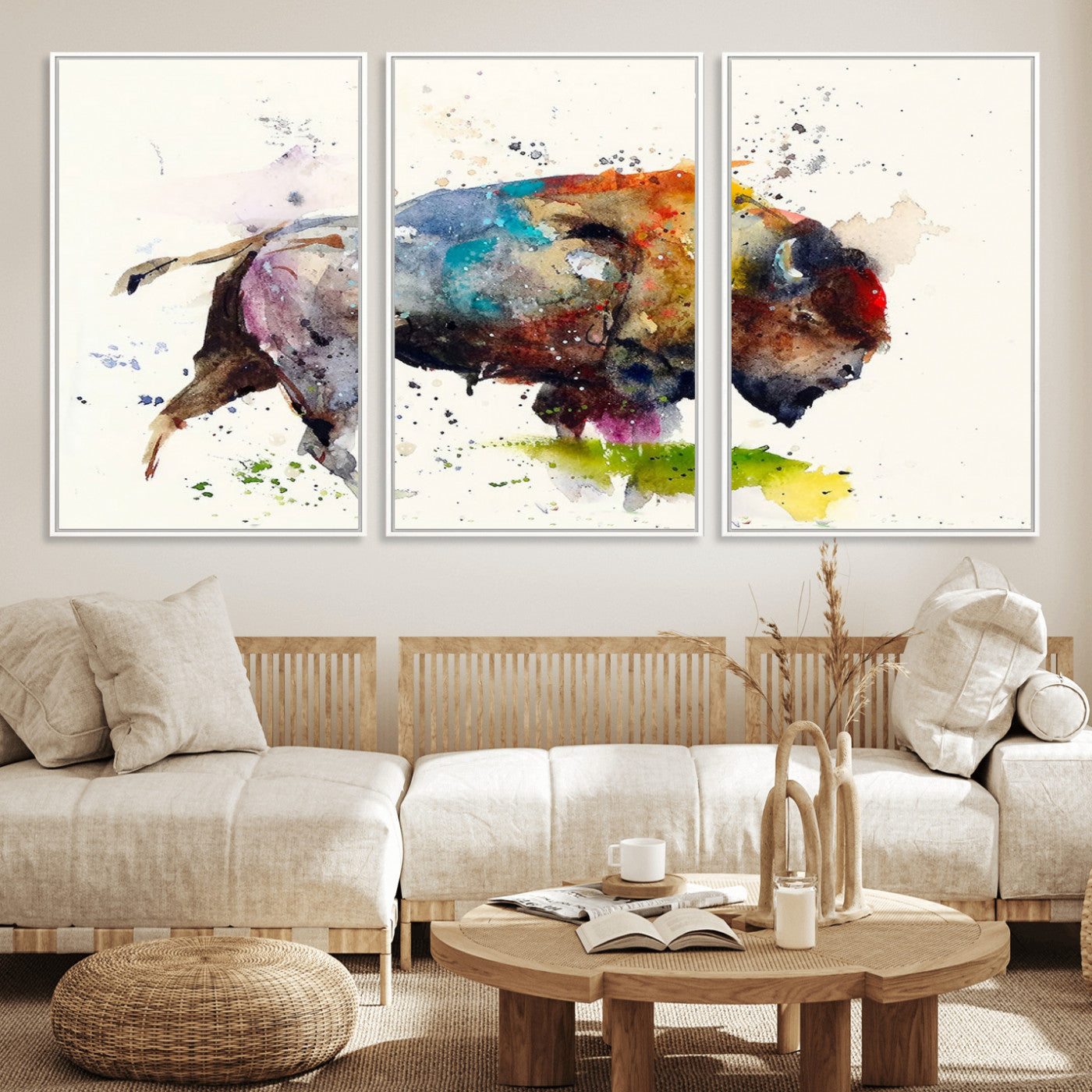 MGV-FC-60X30-3P - Abstract Buffalo Wall Art, Western Watercolor Bison Canvas Print, Rustic Buffalo Art for Cowboy and Western Decor, Large Multi-Panel Giclee Canvas