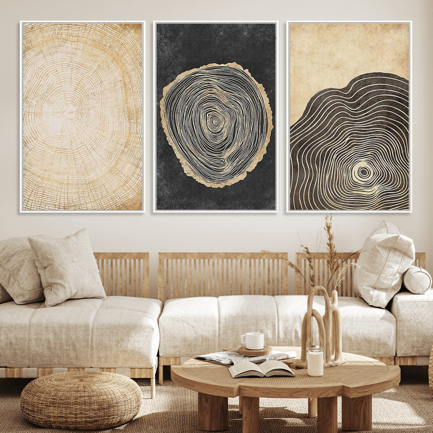 MGV-FC-60X30-3P - Tree Rings Canvas Wall Art Print – Minimalist Natural History in Modern Decor - Minimalist Boho Wall