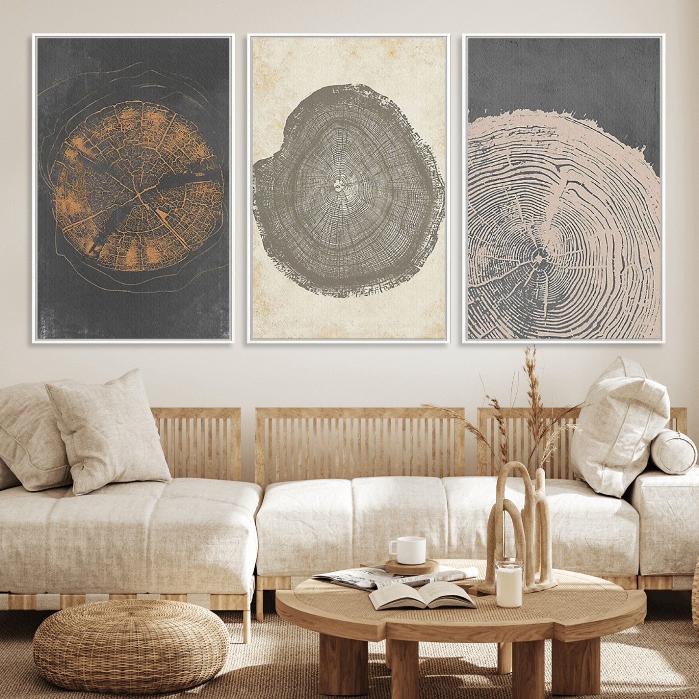 MGV-FC-60X30-3P - Boho Tree Ring Wall Art, Modern Minimalist Wood Grain Canvas, Tree Slice for Rustic Decor, Farmhouse Decor Giclee Canvas Print, Tree Ring Canvas Set