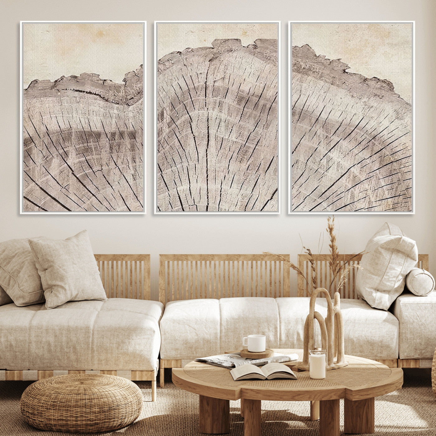 MGV-FC-60X30-3P - Tree Ring Wall Art Triptych, Rustic Wood Ring Canvas Print, Minimalist Wall Decor for Modern Homes and Farmhouse Decor