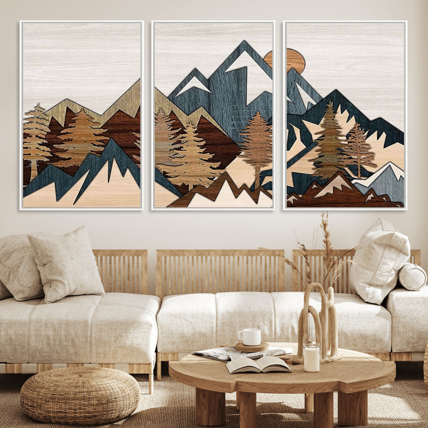 67950-MGV-CV-36X24-Rustic Abstract Wood Panel Effect Canvas Mountain Range Top Wood Wall Art Canvas Print