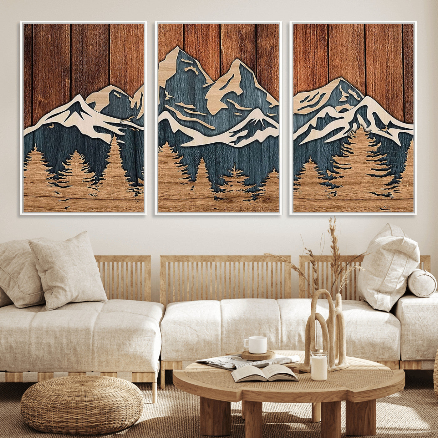 MGV-FC-60X30-3P - Rustic Wood Style Mountain Wall Art, Nature Forest Canvas Print, Wooden Textured Mountain Artwork, Handcrafted Landscape Decor for Farmhouse Decor