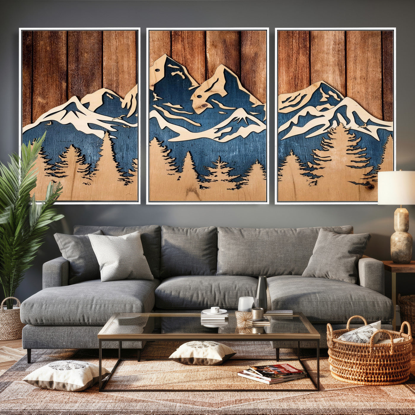 41330-MGV-CV-36X24 - Rustic Wood Style Mountain Wall Art, Nature Forest Canvas Print, Wooden Textured Mountain Artwork Print