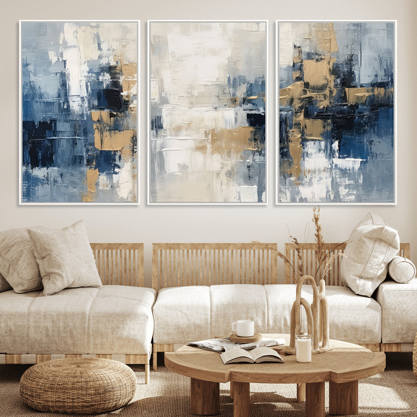 MGV-FC-60X30-3P - Modern Abstract Canvas Wall Art in Blue and Gold Tones | Large Contemporary Art for Living Room, Office, or Bedroom Décor