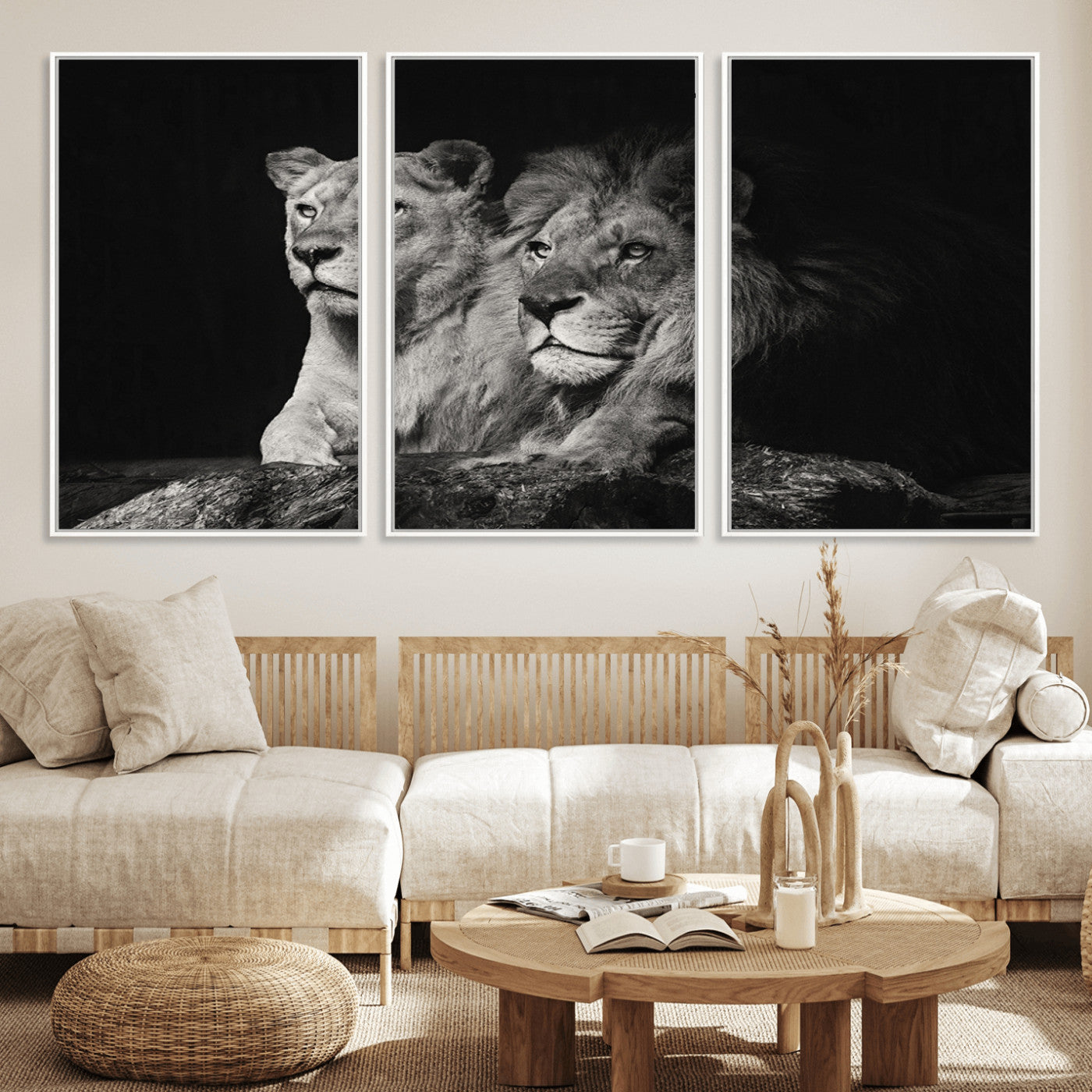 MGV-FC-60X30-3P - Lion Couple Canvas Wall Art Print – Elegant Wildlife Portrait in Black and White Lion Family – Ready to Hang